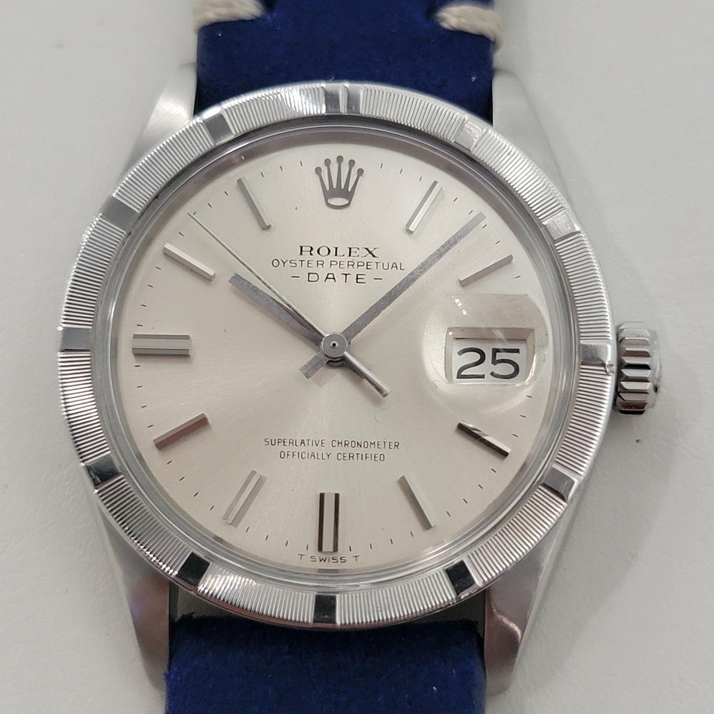 Timeless iconic classic, Rolex Oyster Perpetual 1501 Date automatic, c.1972, in excellent working condition. Verified authentic by a master watchmaker. Gorgeous Rolex signed silver dial, applied baton index hour markers, silver minute and hour