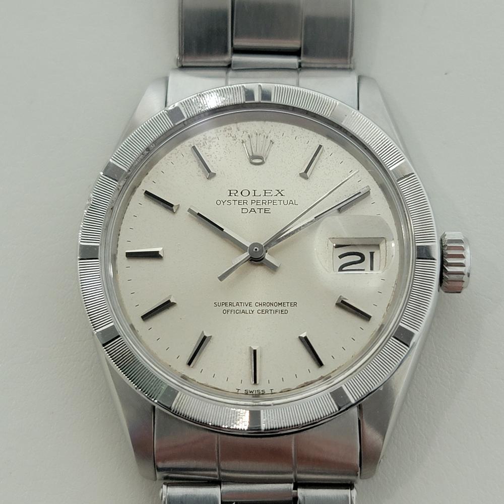 Timeless classic, Rolex Oyster Perpetual Date Ref.1501 Men's automatic, c.1969, all original, in excellent working condition. Verified authentic by a master watchmaker. Gorgeous Rolex signed silver dial, applied baton index hour markers, lumed