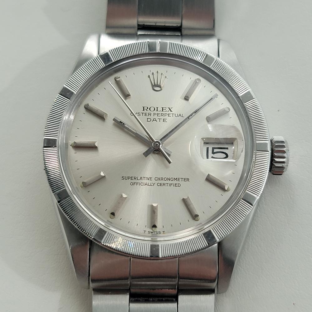 Classique intemporel, Rolex Oyster Perpetual Date Ref.1501 automatique pour hommes, c.1974, entièrement d'origine, en excellent état de fonctionnement. Vérifié authentique par un maître horloger. Magnifique cadran argenté signé Rolex, index bâtons
