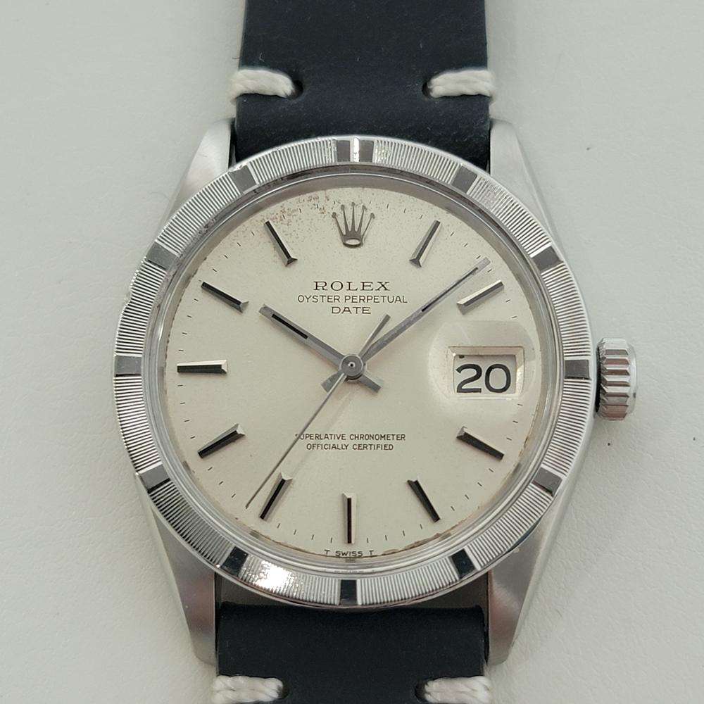 Iconic classic, Rolex Oyster Perpetual Date Ref.1501 Men's automatic, c.1969, in excellent working condition. Verified authentic by a master watchmaker. Gorgeous Rolex signed silver dial, applied baton index hour markers, lumed silver minute and