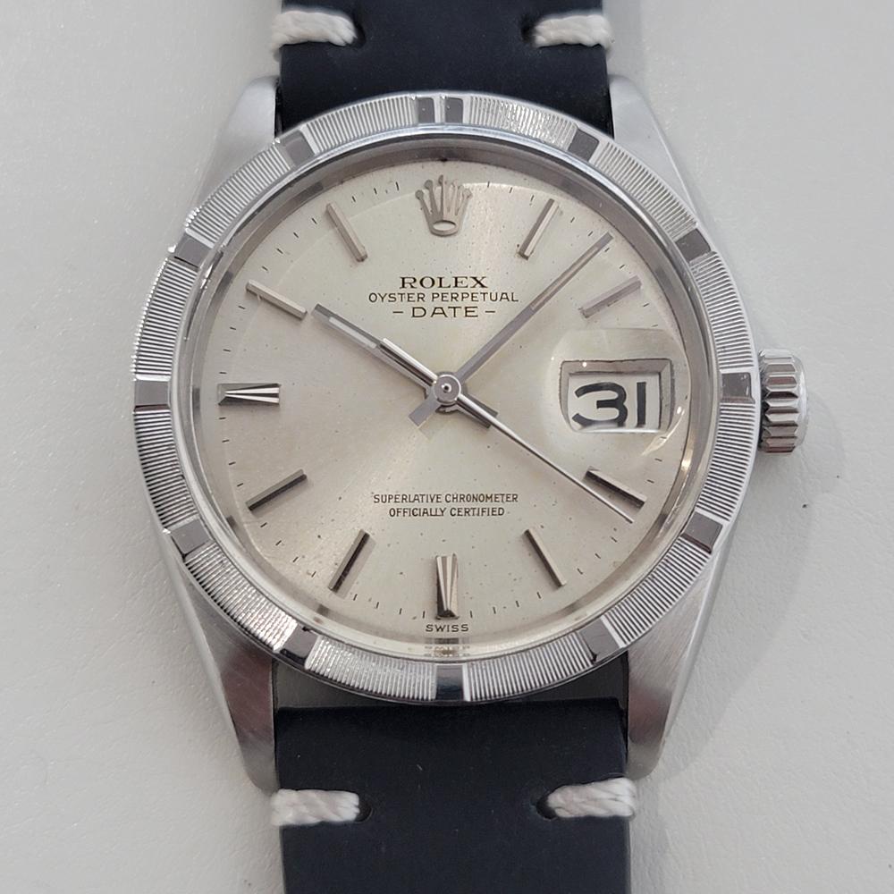 Zeitloser Klassiker, Rolex Oyster Perpetual Date Ref.1501 Herren-Automatik, ca. 1963, in ausgezeichnetem Zustand. Von einem Uhrmachermeister für echt befunden. Wunderschönes, signiertes silbernes Rolex-Zifferblatt, applizierte Stabindexindexe,