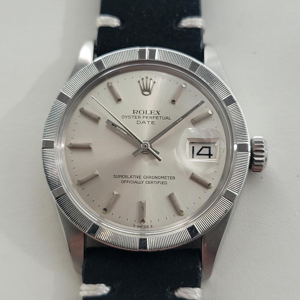 A world's classic, Men's Rolex Oyster Perpetual Date Ref.1501 automatic, c.1974, in excellent working condition. Verified authentic by a master watchmaker. Gorgeous Rolex signed silver dial, applied baton index hour markers, lumed silver minute and