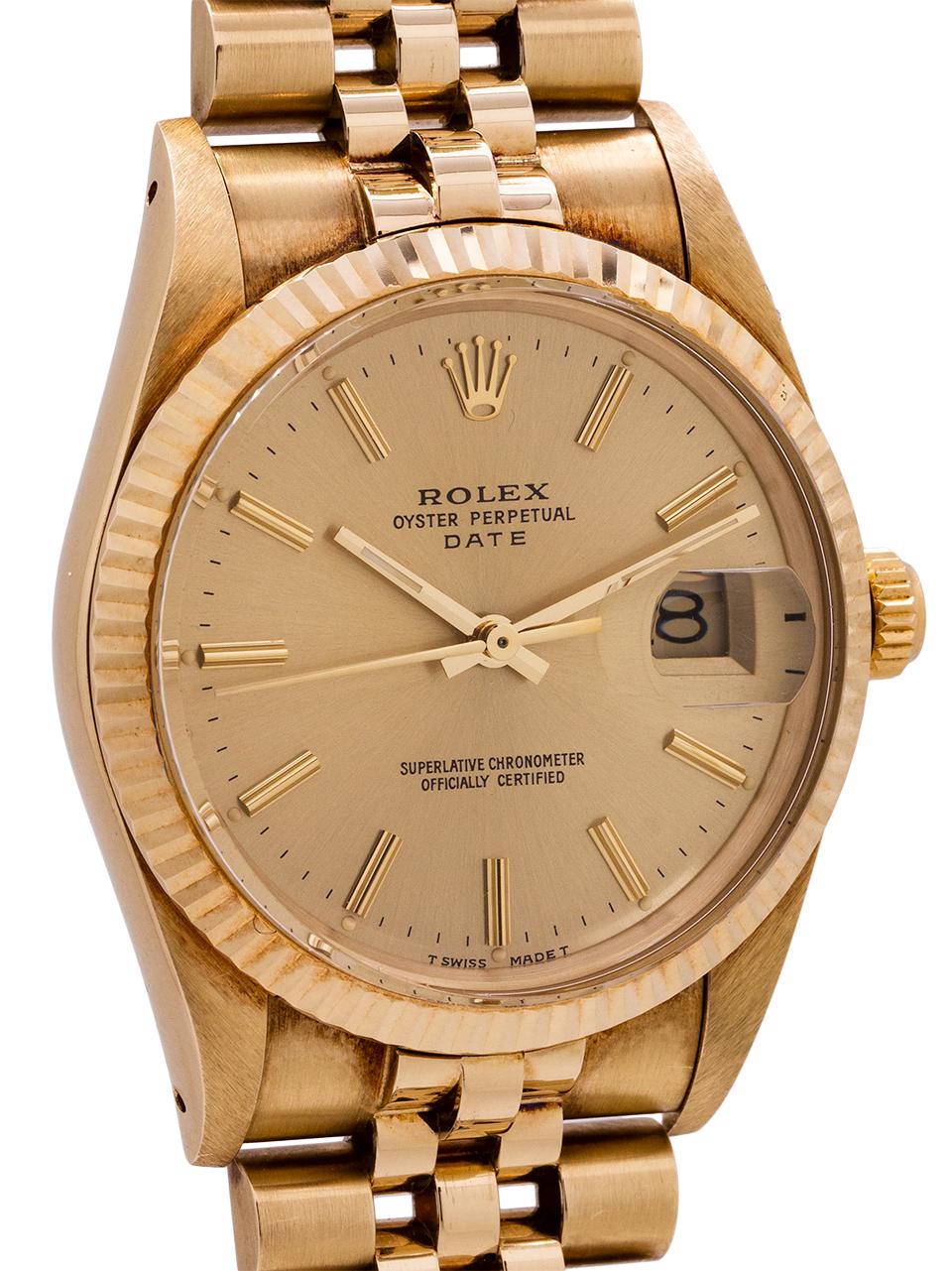 
An exceptional condition Rolex Oyster Perpetual Date ref 15037 serial # 9.1 million circa 1986. Featuring 34mm diameter case with fluted bezel, acrylic crystal, and original champagne dial with applied gold indexes and gilt baton hands. Powered by