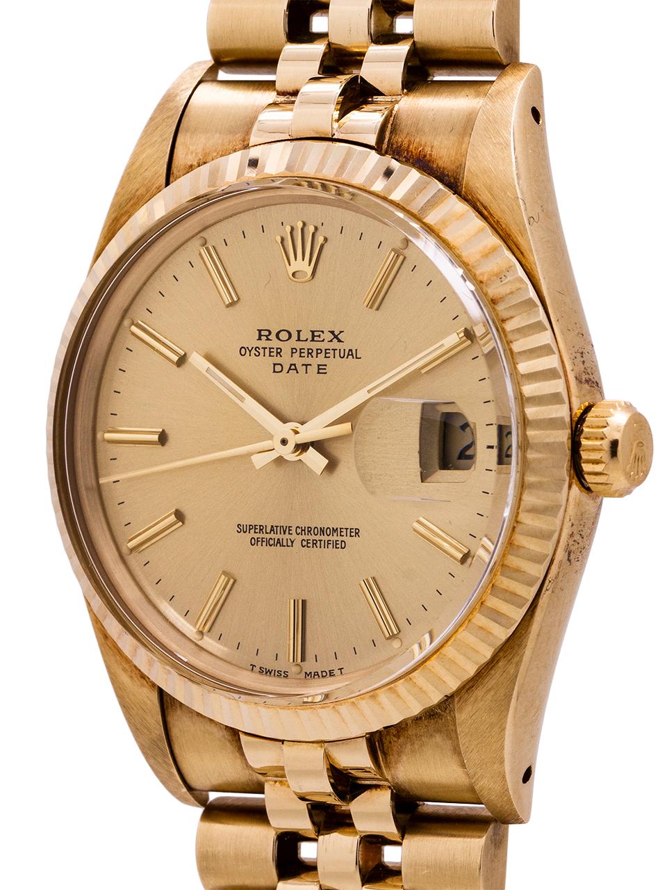 Rolex Oyster Perpetual Date Ref 15037 14 Karat Yellow Gold, circa 1986 In Excellent Condition In West Hollywood, CA