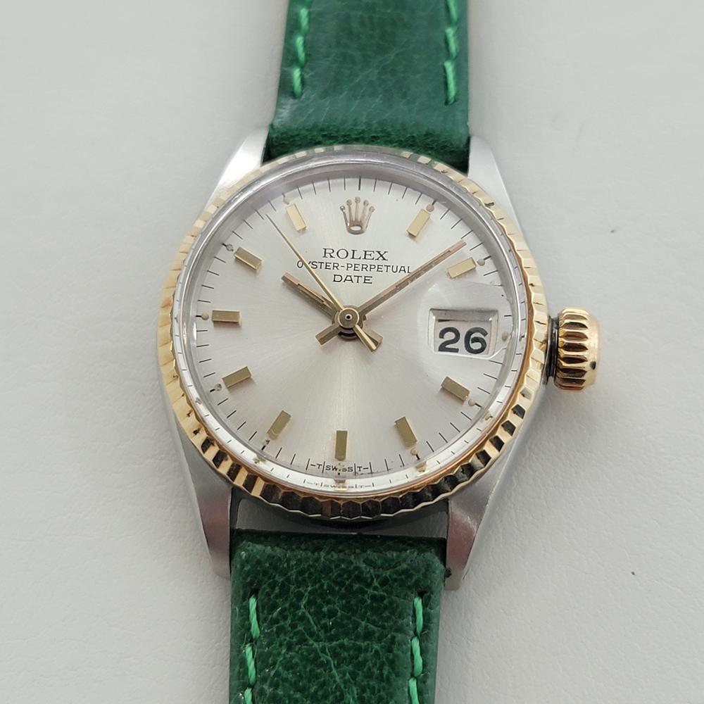 Timeless classic, Rolex Lady Oyster Perpetual Date automatic, c.1966, in excellent working condition. Verified authentic by a master watchmaker. Gorgeous Rolex signed silver dial, applied baton index hour markers, gilt minute and hour hands,