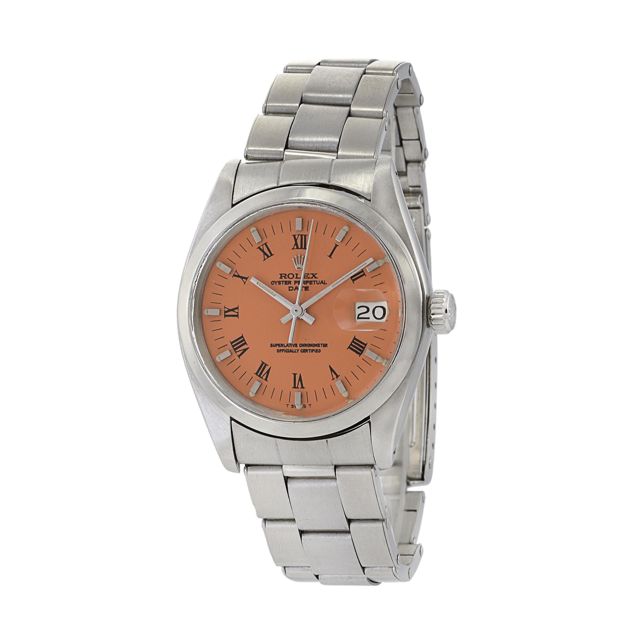 This vintage Rolex Date reference 1500 is from 1973 and remains a timeless classic suitable for both men and women. It features an automatic movement, ensuring reliable timekeeping. The 34mm stainless steel case with a smooth bezel and acrylic
