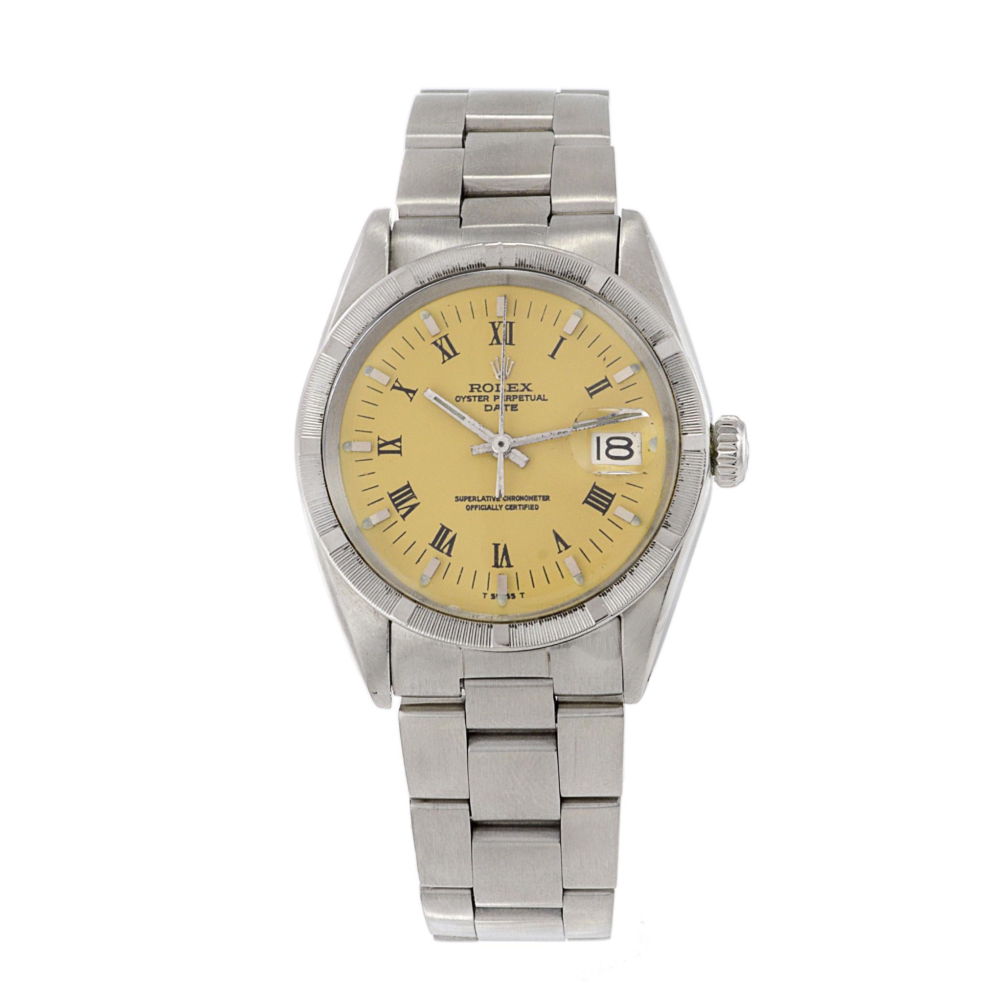 This vintage Rolex Date reference 1500 is from 1967 and remains a timeless classic suitable for both men and women. It features an automatic movement, ensuring reliable timekeeping. The 34mm stainless steel case with an engine turn bezel and acrylic