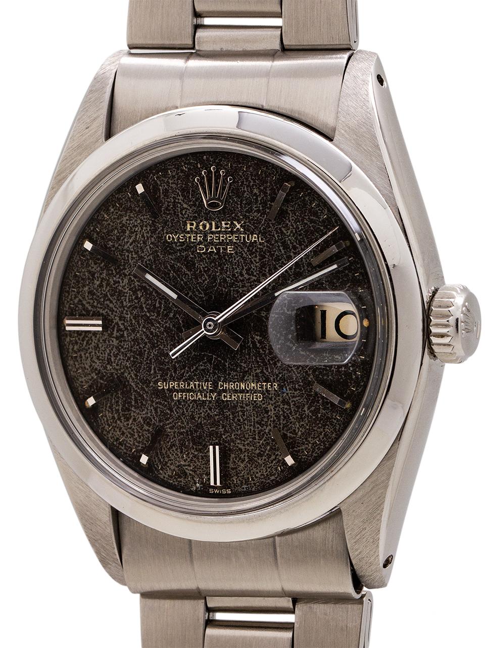 
Rolex Oyster Perpetual Date ref 1500 circa 1959. Featuring 34mm diameter case with smooth bezel and acrylic crystal. The standout here is the original gilt dial. The gilt surface has spidered out and aged slightly tropical. The combination is