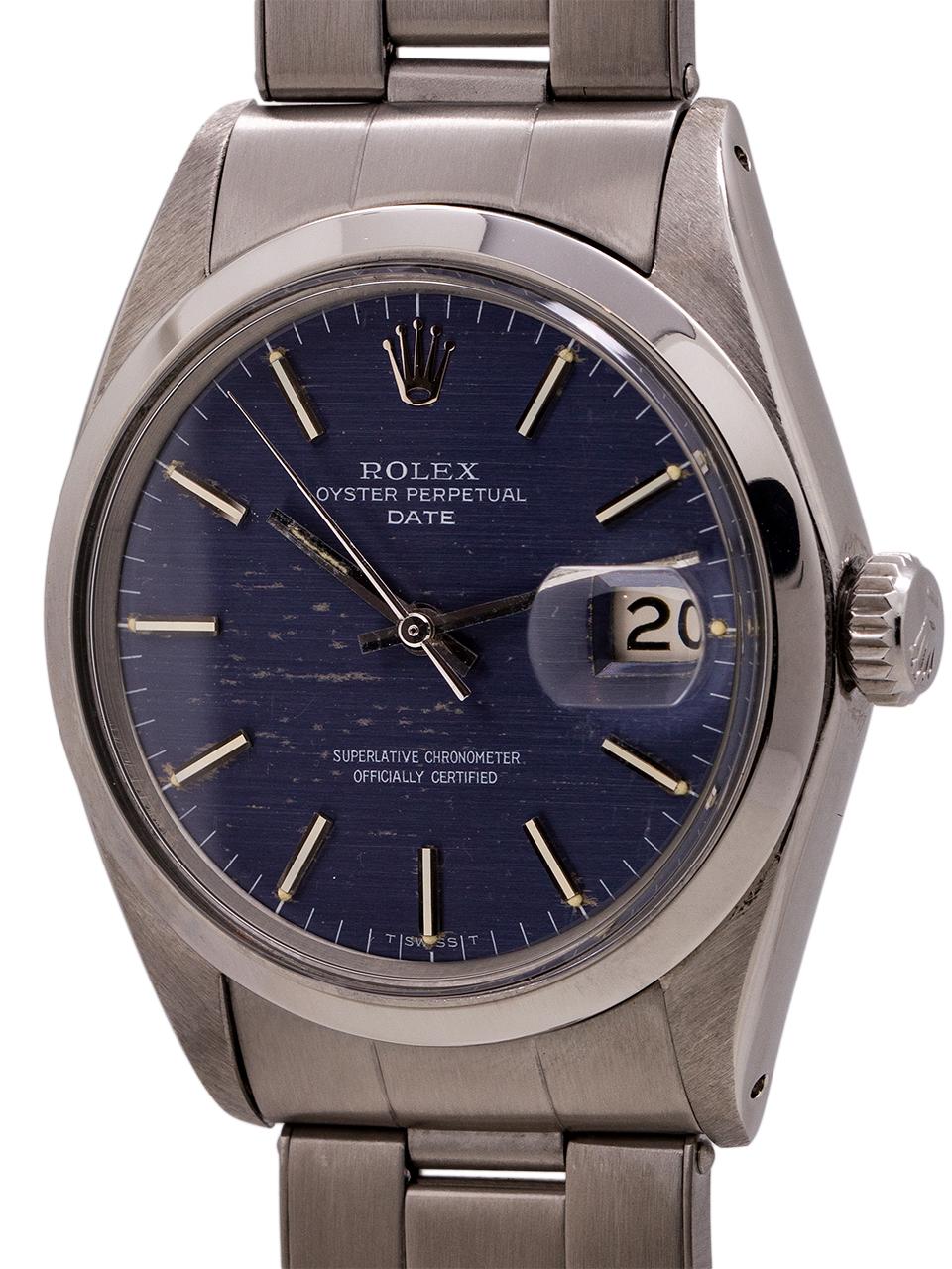 
Rolex Oyster Perpetual Date ref 1500 circa 1967. Featuring 34mm diameter case with smooth bezel, acrylic crystal, and original blue “linen” texture dial with applied silver indexes and silver baton hands. Worn on a period correct stainless steel