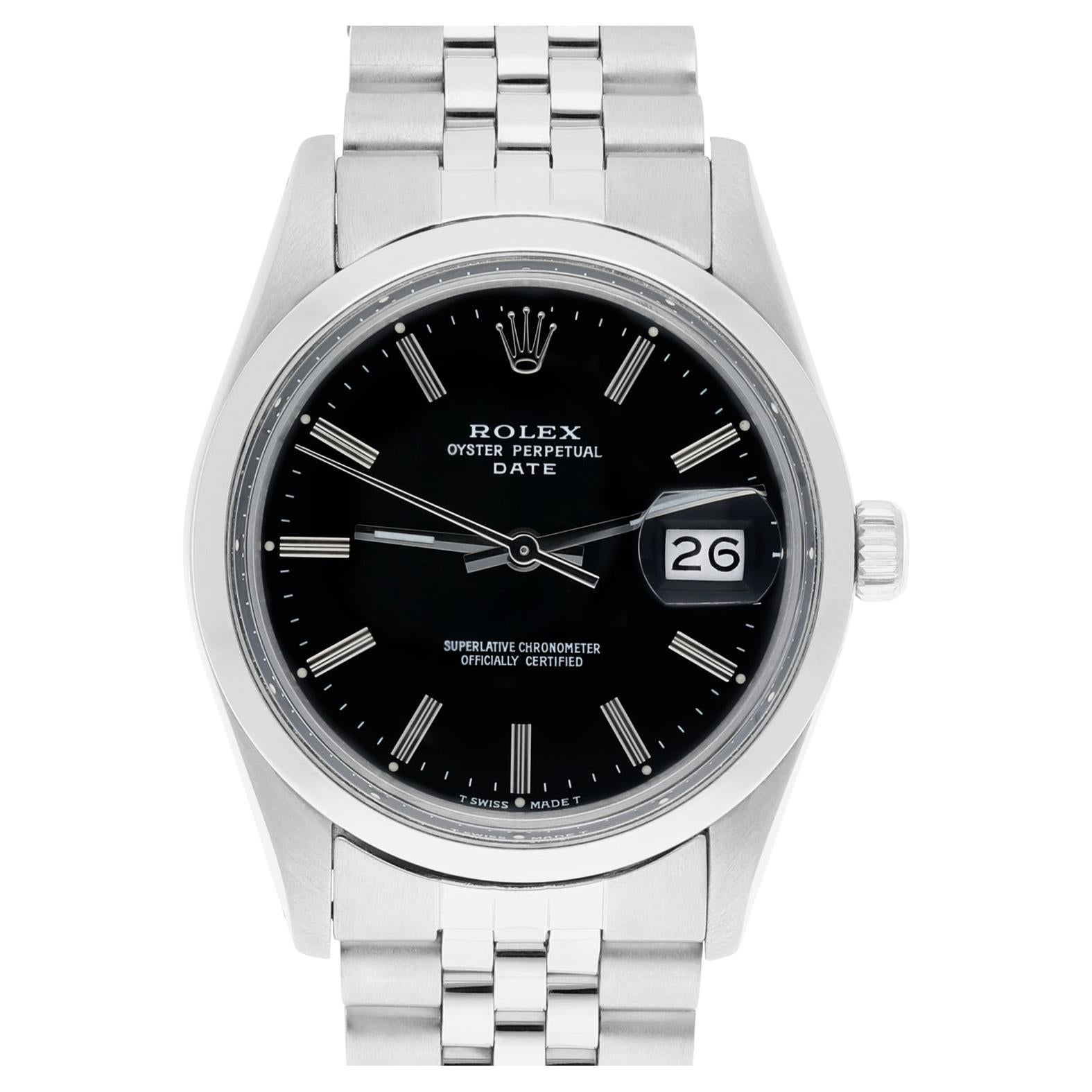Rolex Oyster Perpetual Date Stainless Steel Watch Jubilee Band Black Index 15000