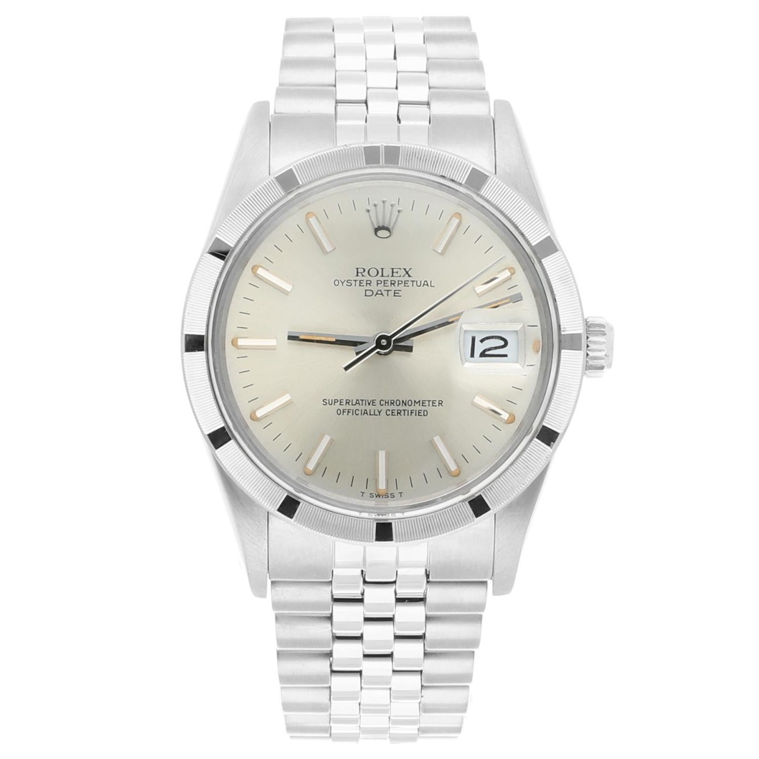 Unisex Rolex Date Stainless Steel Watch Jubilee Silver Index Dial 15010 Circa 1983

This watch has been professionally polished, serviced and is in excellent overall condition. There are absolutely no visible scratches or blemishes. Authenticity