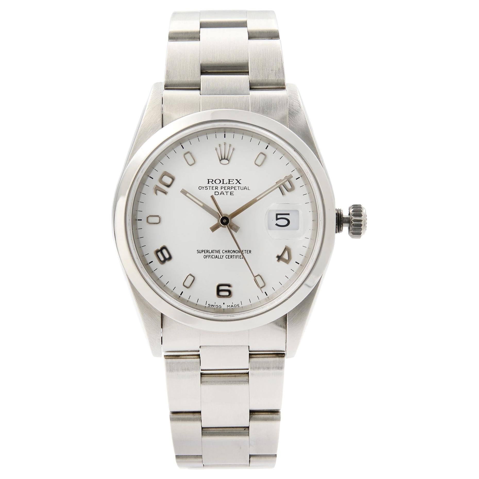 Rolex Oyster Perpetual Date Steel White Arabic Dial Automatic Unisex Watch 15200