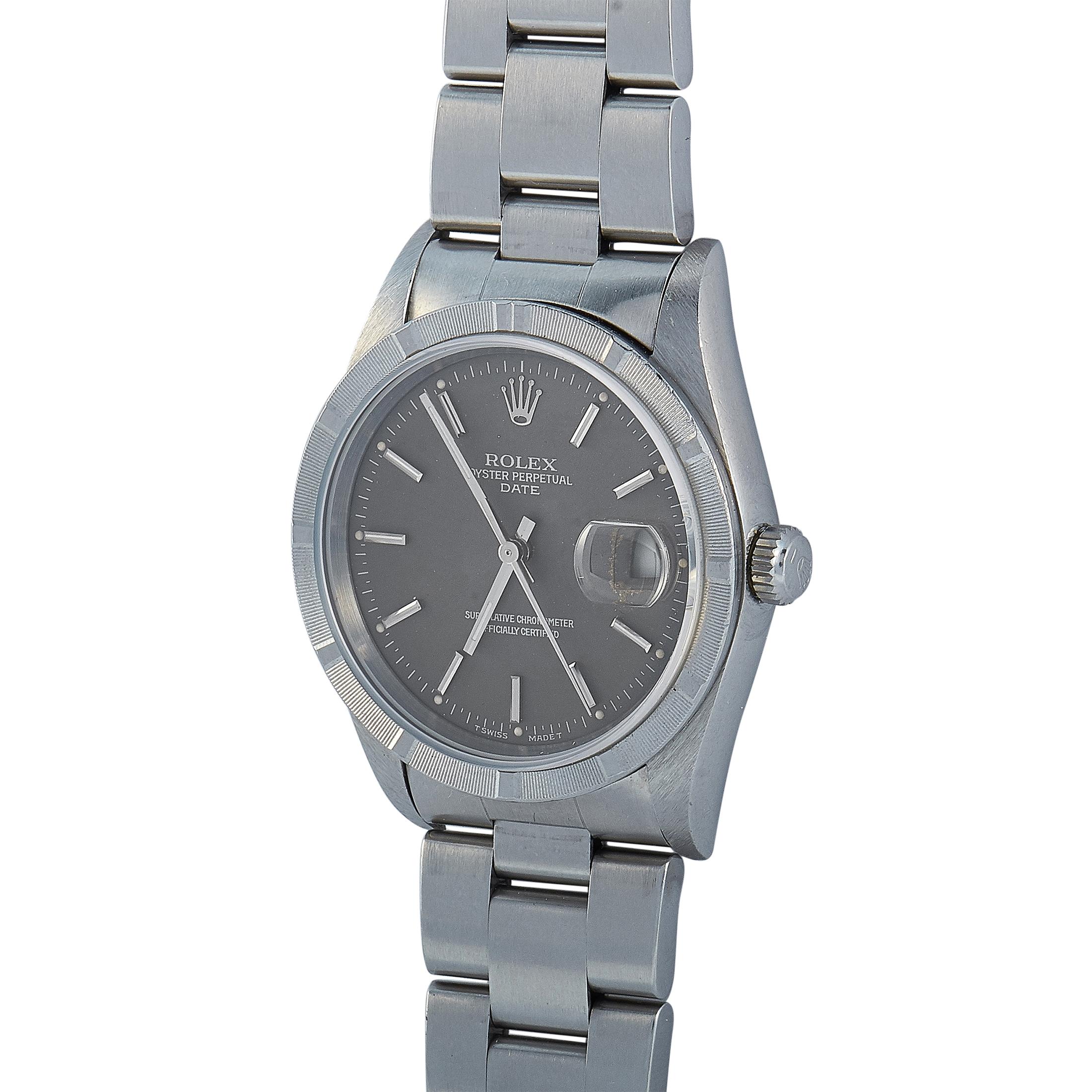 The Rolex Oyster Perpetual Date watch, reference number W785217, boasts a stainless steel case presented on a matching stainless steel bracelet. This model is equipped with a self-winding movement and features the following functions on the gray