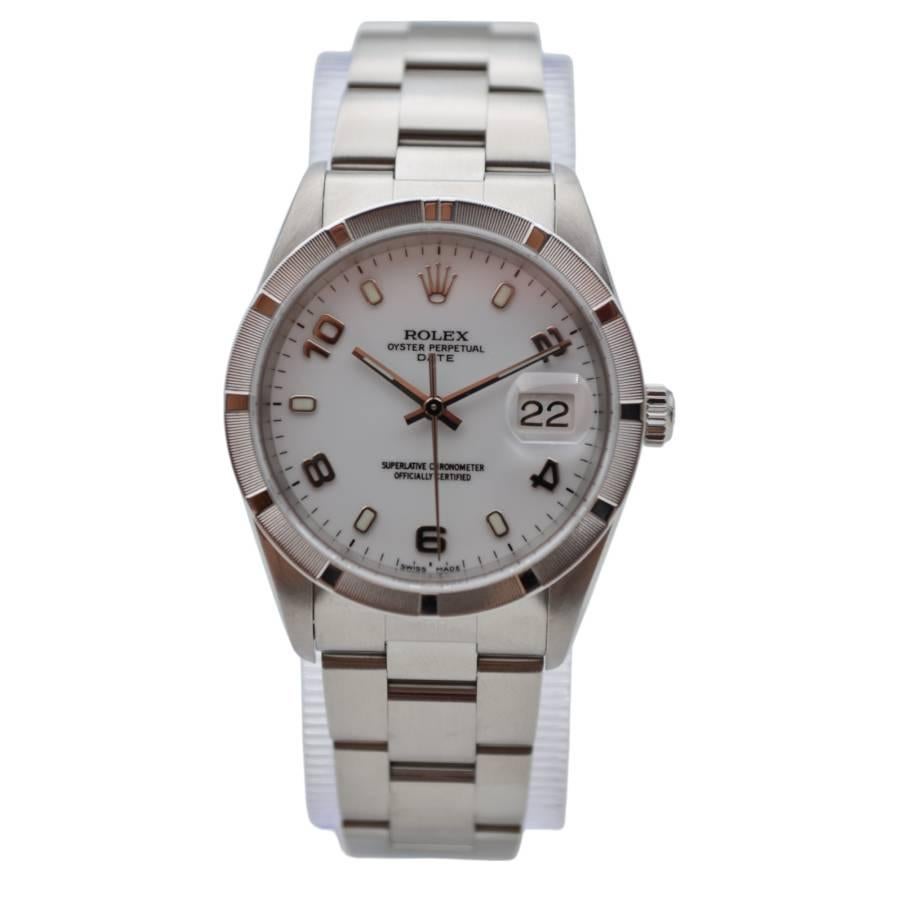 Women's Rolex Oyster Perpetual Date White Arabic Dial 34mm Steel Ref: 15210