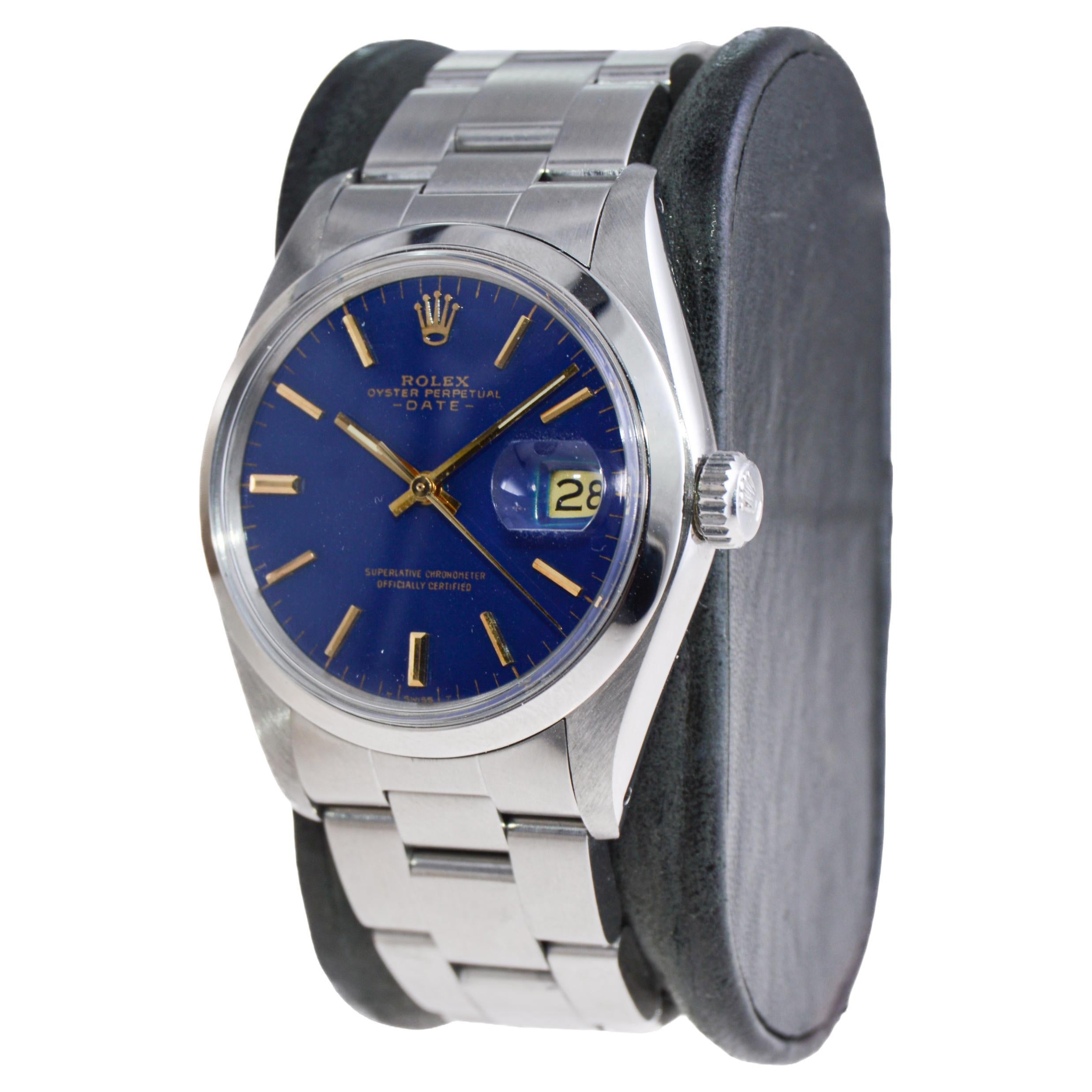 Rolex Oyster Perpetual Date With Custom Blue Dial 1970's In Excellent Condition For Sale In Long Beach, CA