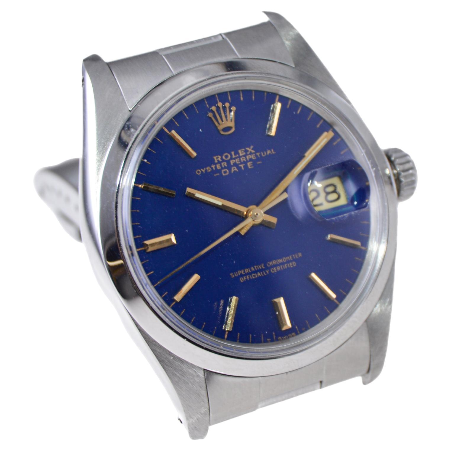 Women's or Men's Rolex Oyster Perpetual Date With Custom Blue Dial 1970's For Sale