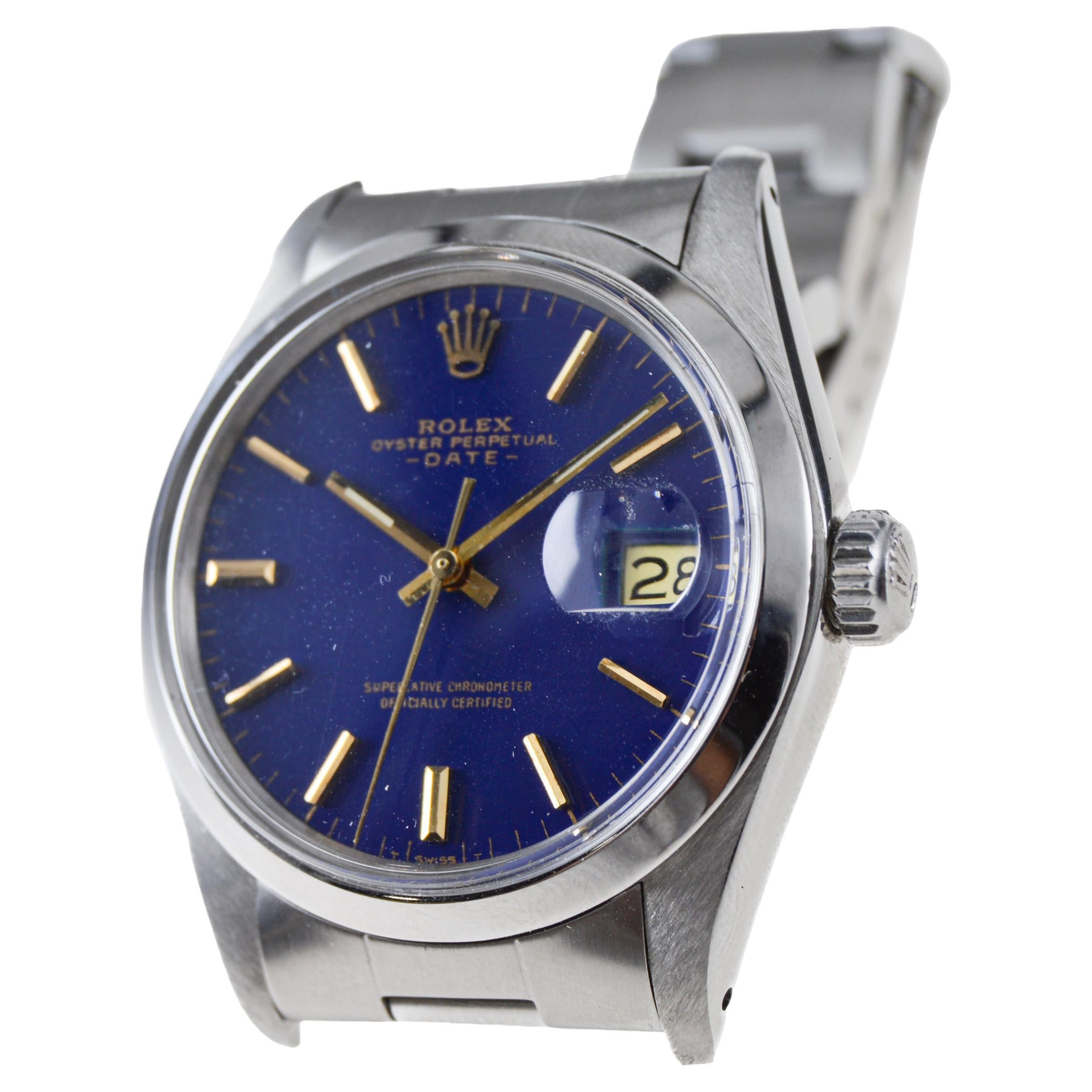Rolex Oyster Perpetual Date With Custom Blue Dial 1970's In Excellent Condition For Sale In Long Beach, CA