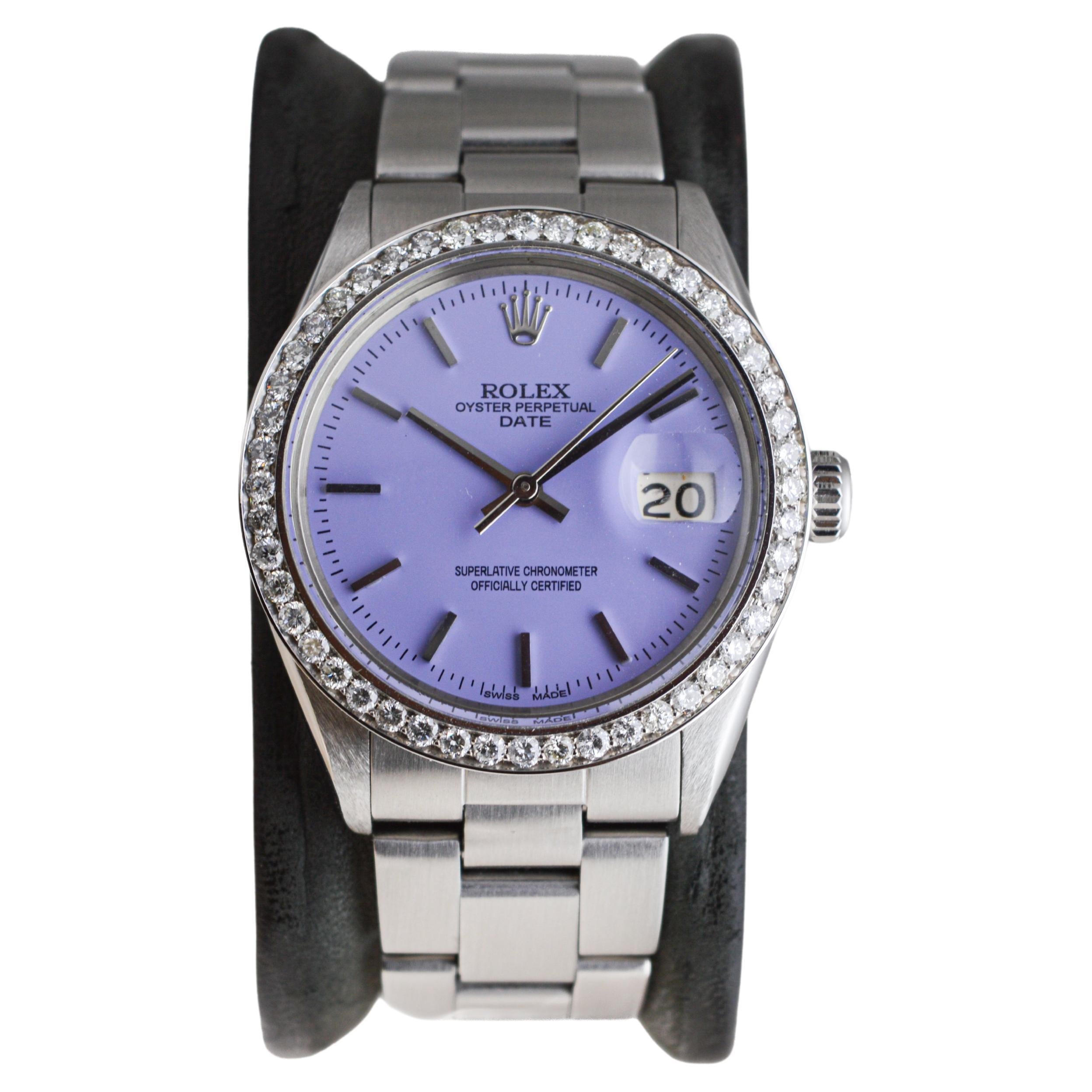 Rolex Oyster Perpetual Date avec lunette en diamant et cadran violet personnalisé, années 1960 en vente 7