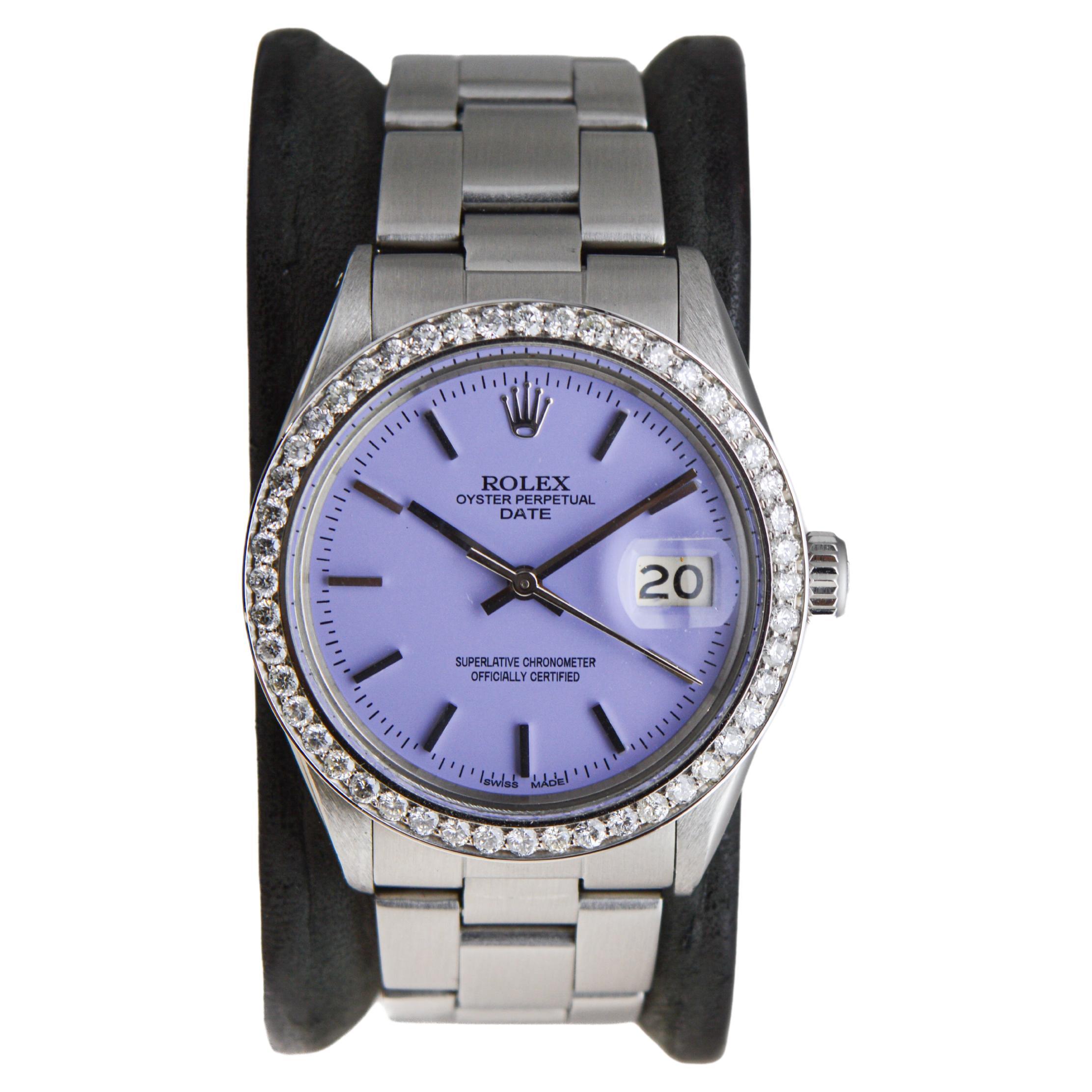 Modern Rolex Oyster Perpetual Date With Diamond Bezel & Custom Purple Dial 1960's For Sale