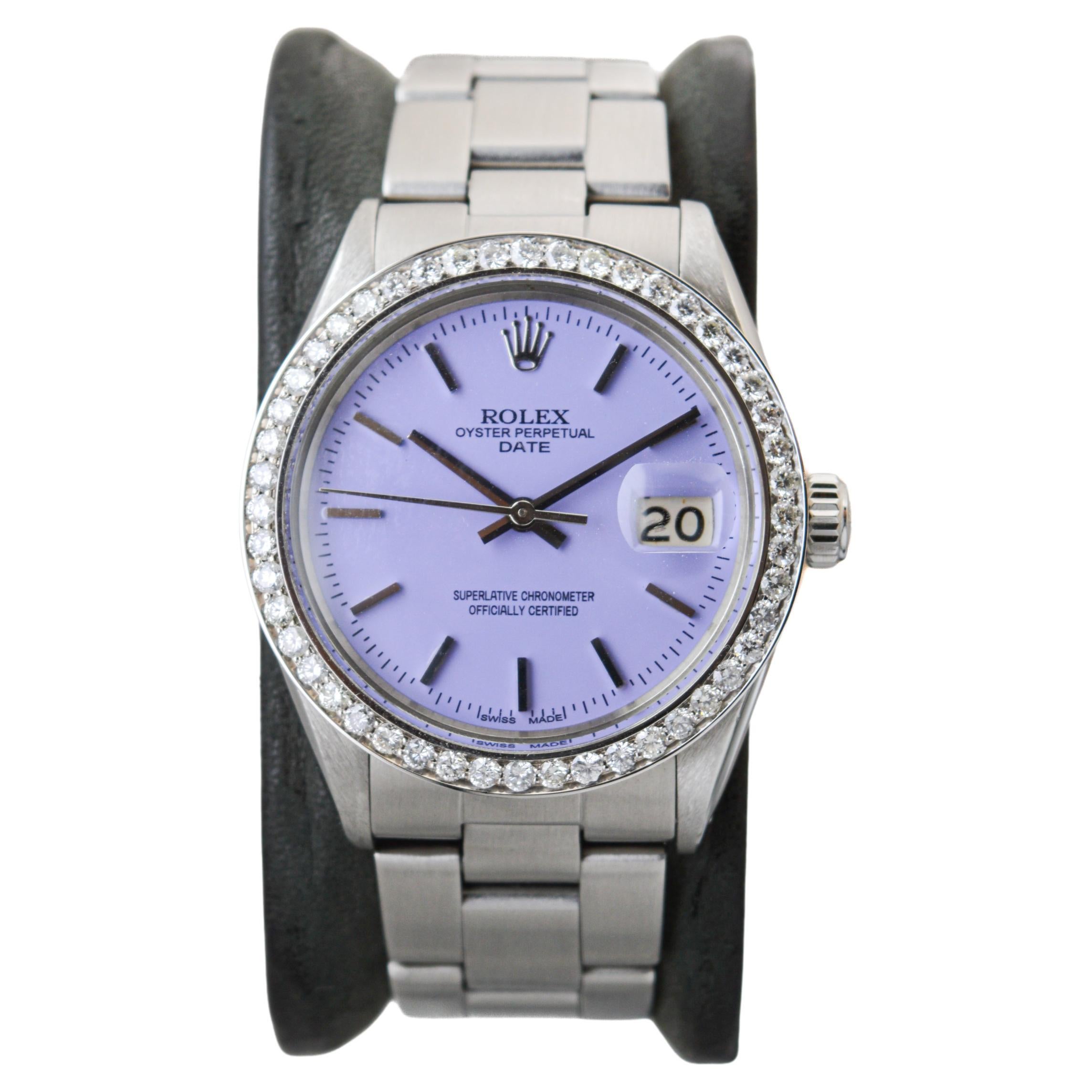 Rolex Oyster Perpetual Date With Diamond Bezel & Custom Purple Dial 1960's In Excellent Condition For Sale In Long Beach, CA