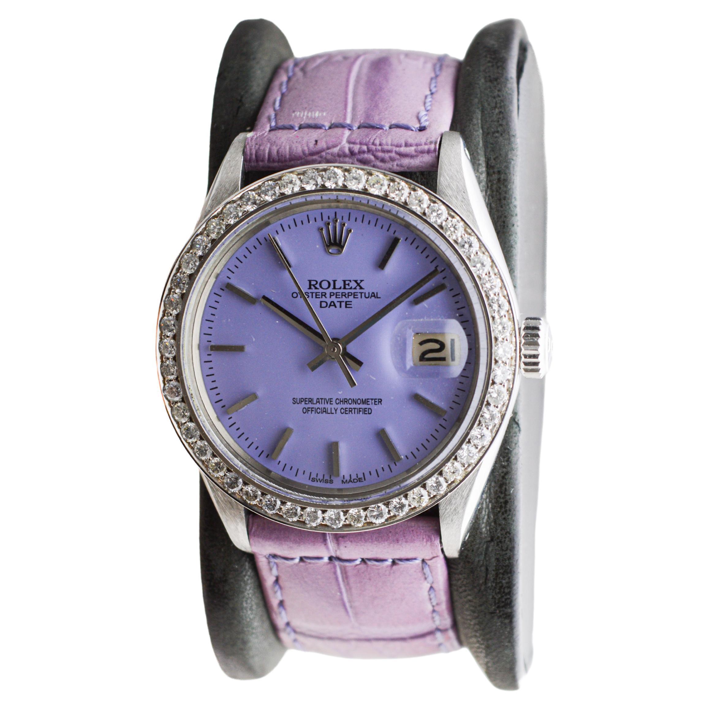 Rolex Oyster Perpetual Date With Diamond Bezel & Custom Purple Dial 1960's In Excellent Condition For Sale In Long Beach, CA