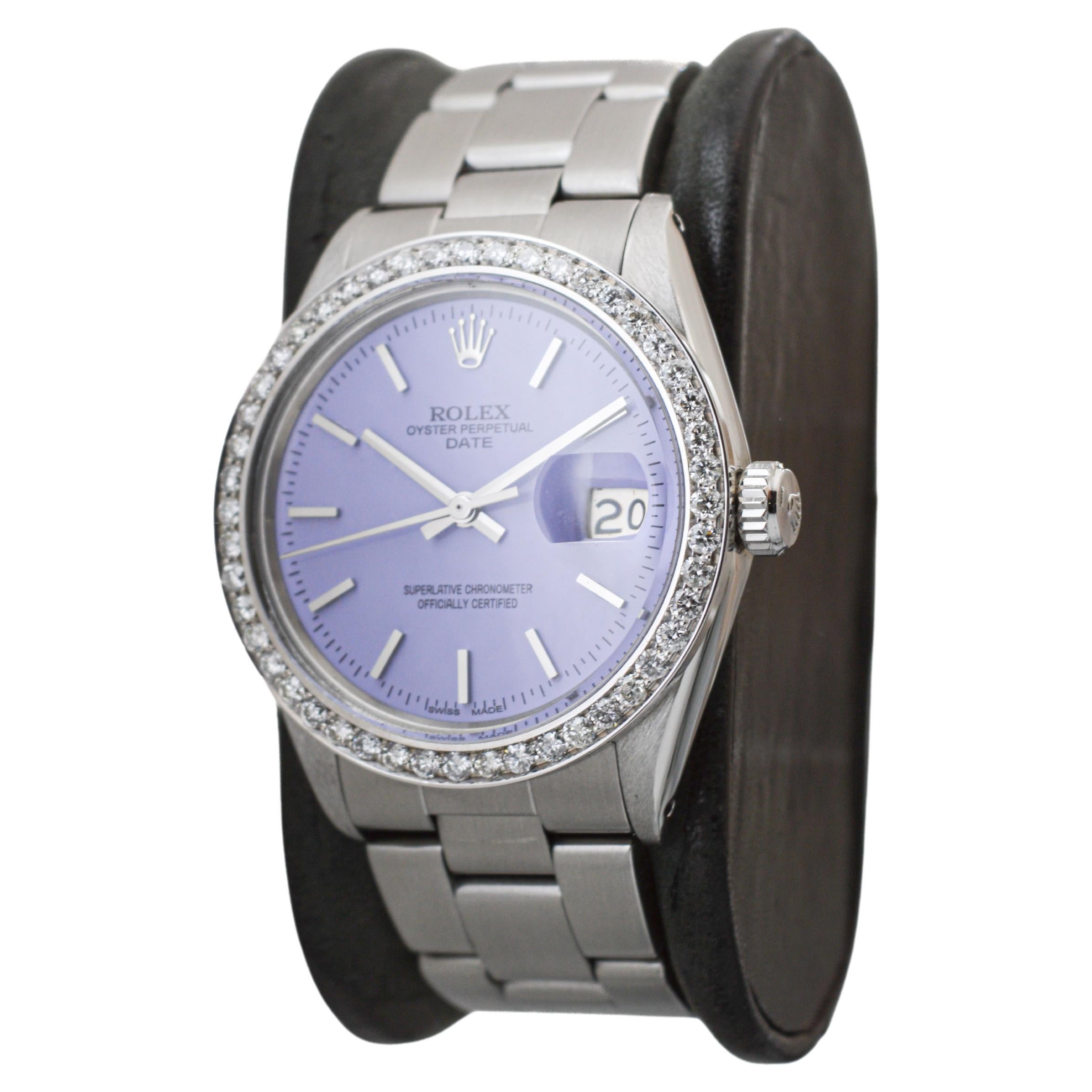 Women's or Men's Rolex Oyster Perpetual Date With Diamond Bezel & Custom Purple Dial 1960's For Sale