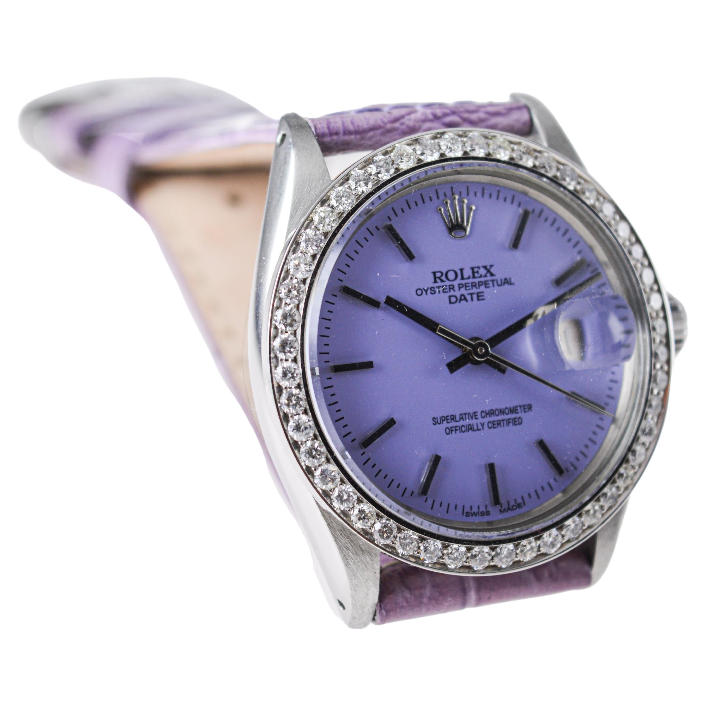 Rolex Oyster Perpetual Date avec lunette en diamant et cadran violet personnalisé, années 1960 Unisexe en vente
