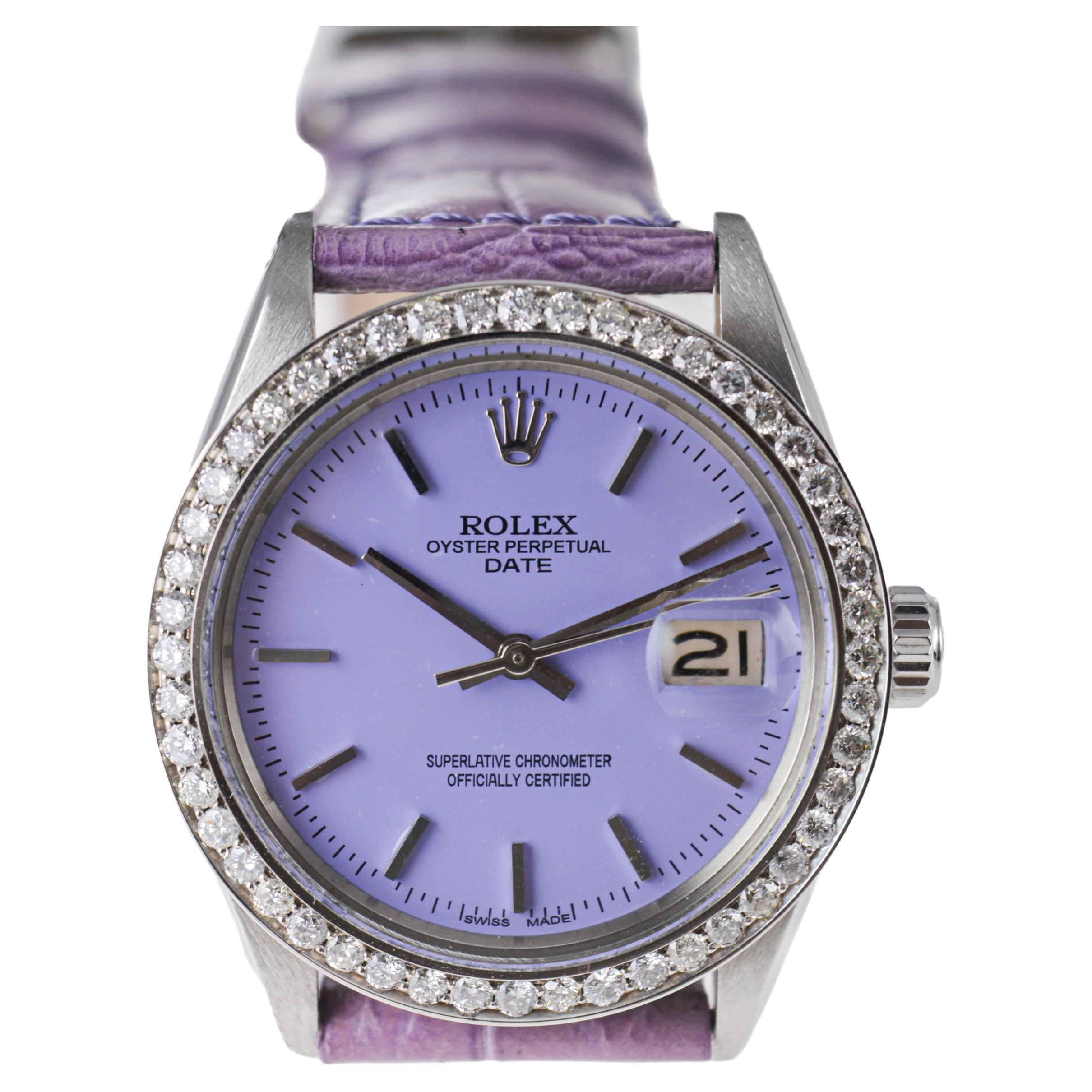 Rolex Oyster Perpetual Date avec lunette en diamant et cadran violet personnalisé, années 1960 en vente 1