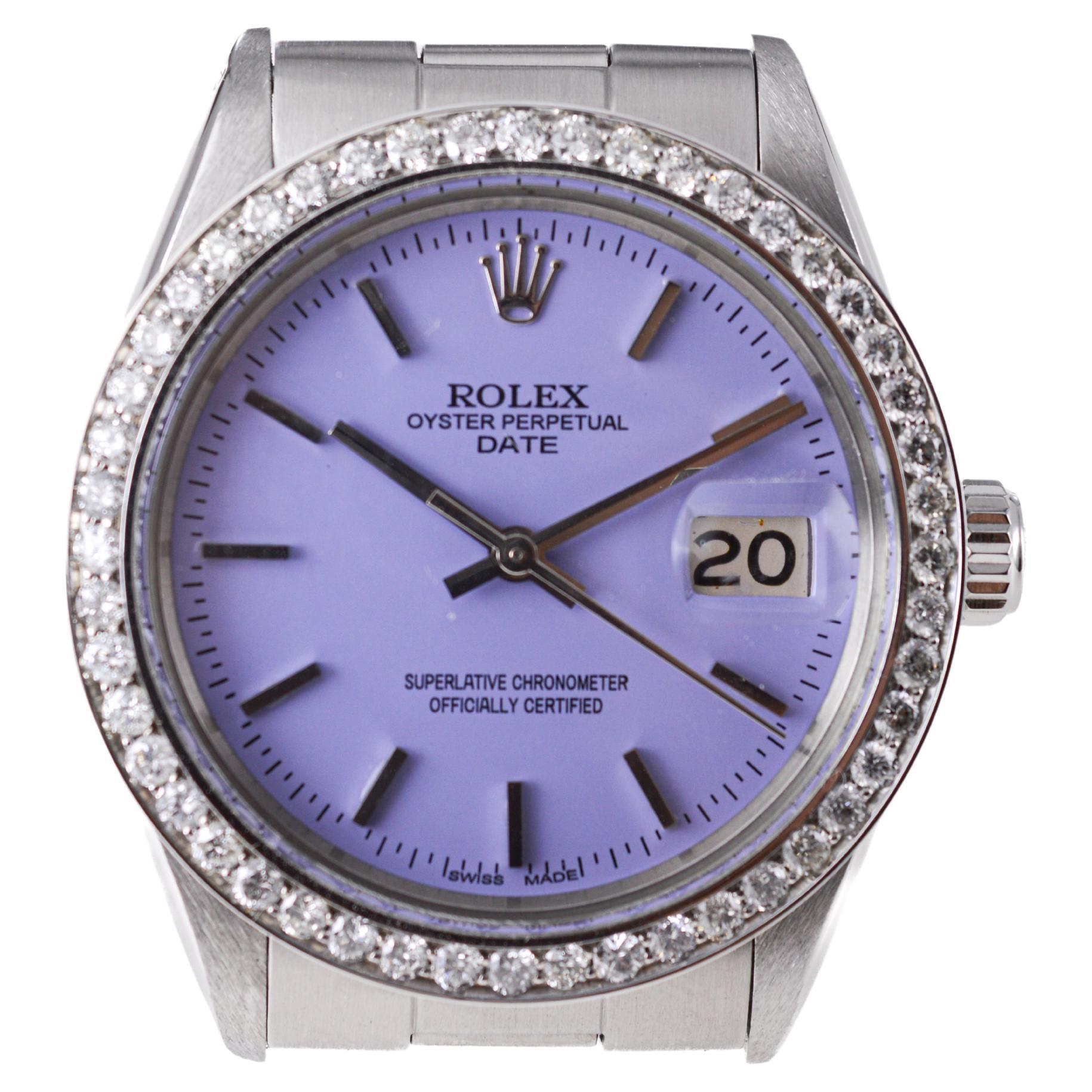Rolex Oyster Perpetual Date avec lunette en diamant et cadran violet personnalisé, années 1960 en vente 2