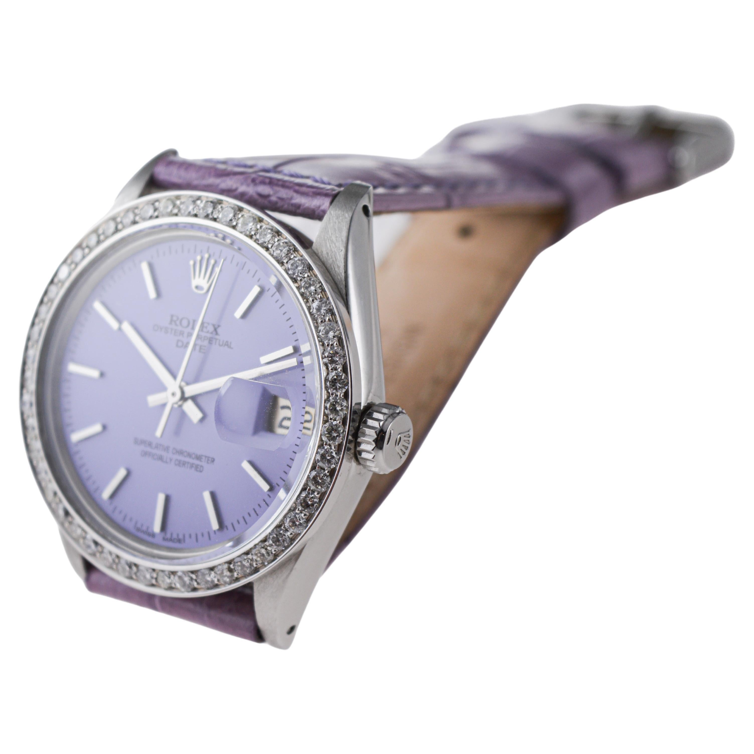 Rolex Oyster Perpetual Date With Diamond Bezel & Custom Purple Dial 1960's For Sale 2