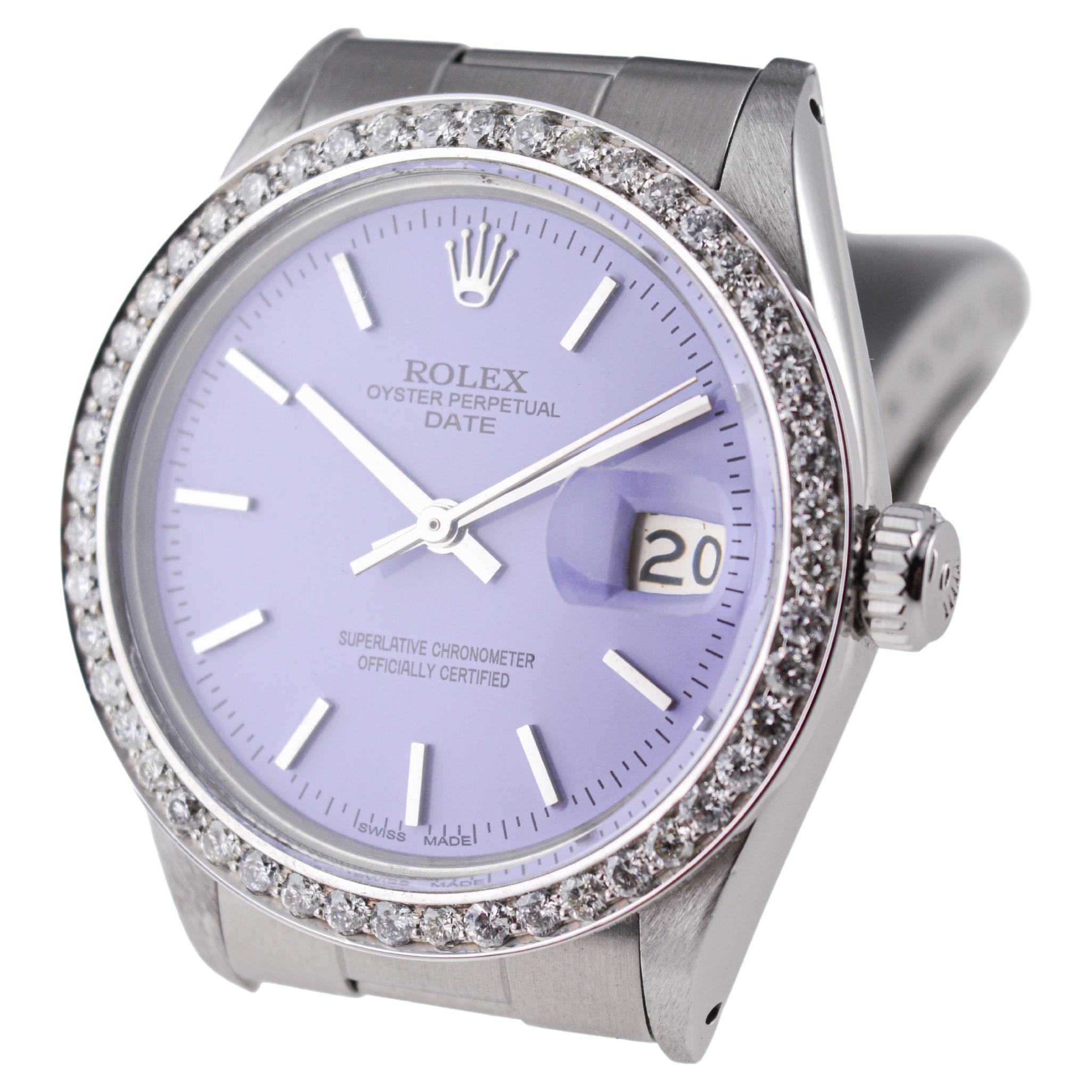 Rolex Oyster Perpetual Date With Diamond Bezel & Custom Purple Dial 1960's For Sale 3