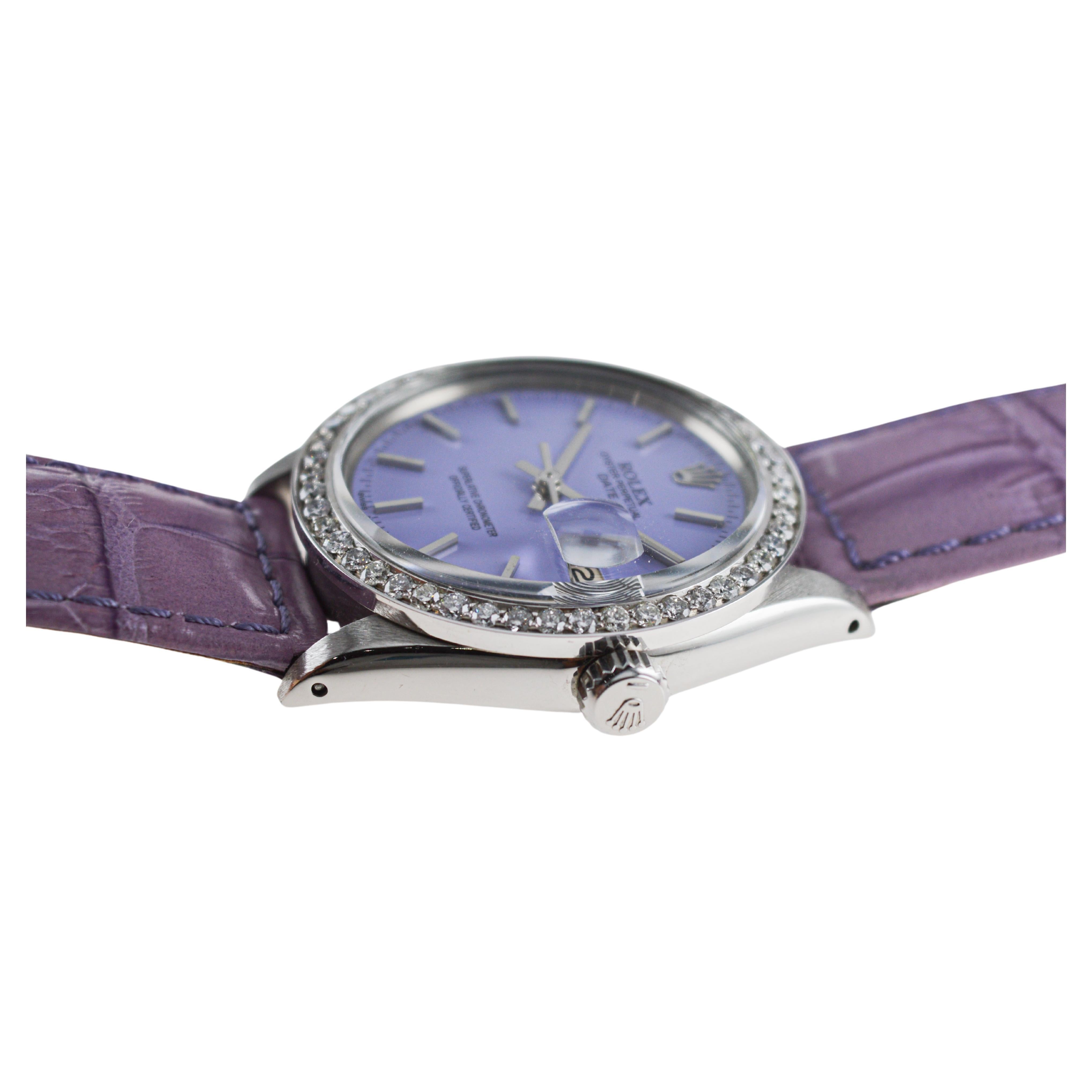 Rolex Oyster Perpetual Date avec lunette en diamant et cadran violet personnalisé, années 1960 en vente 3