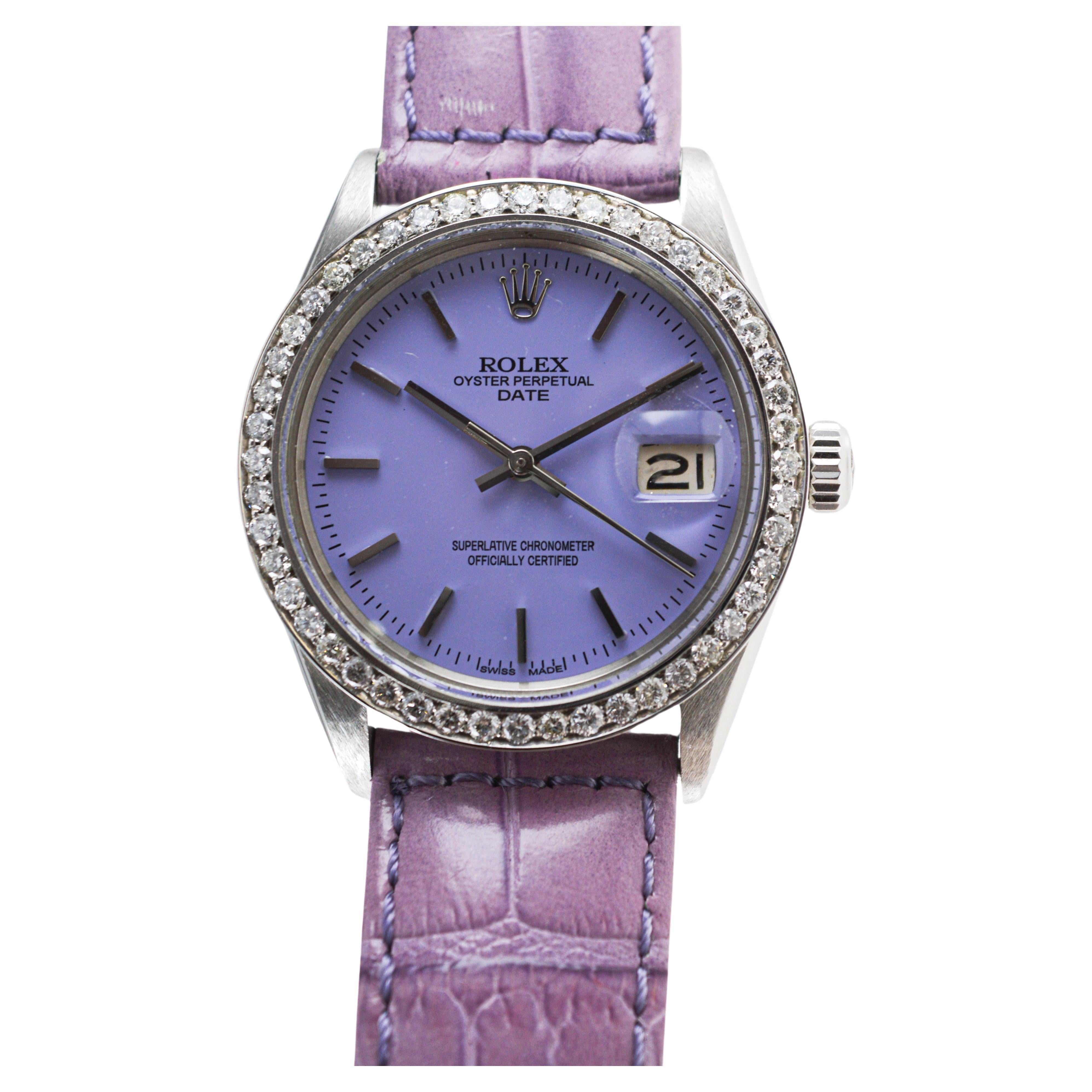 Rolex Oyster Perpetual Date avec lunette en diamant et cadran violet personnalisé, années 1960 en vente 4