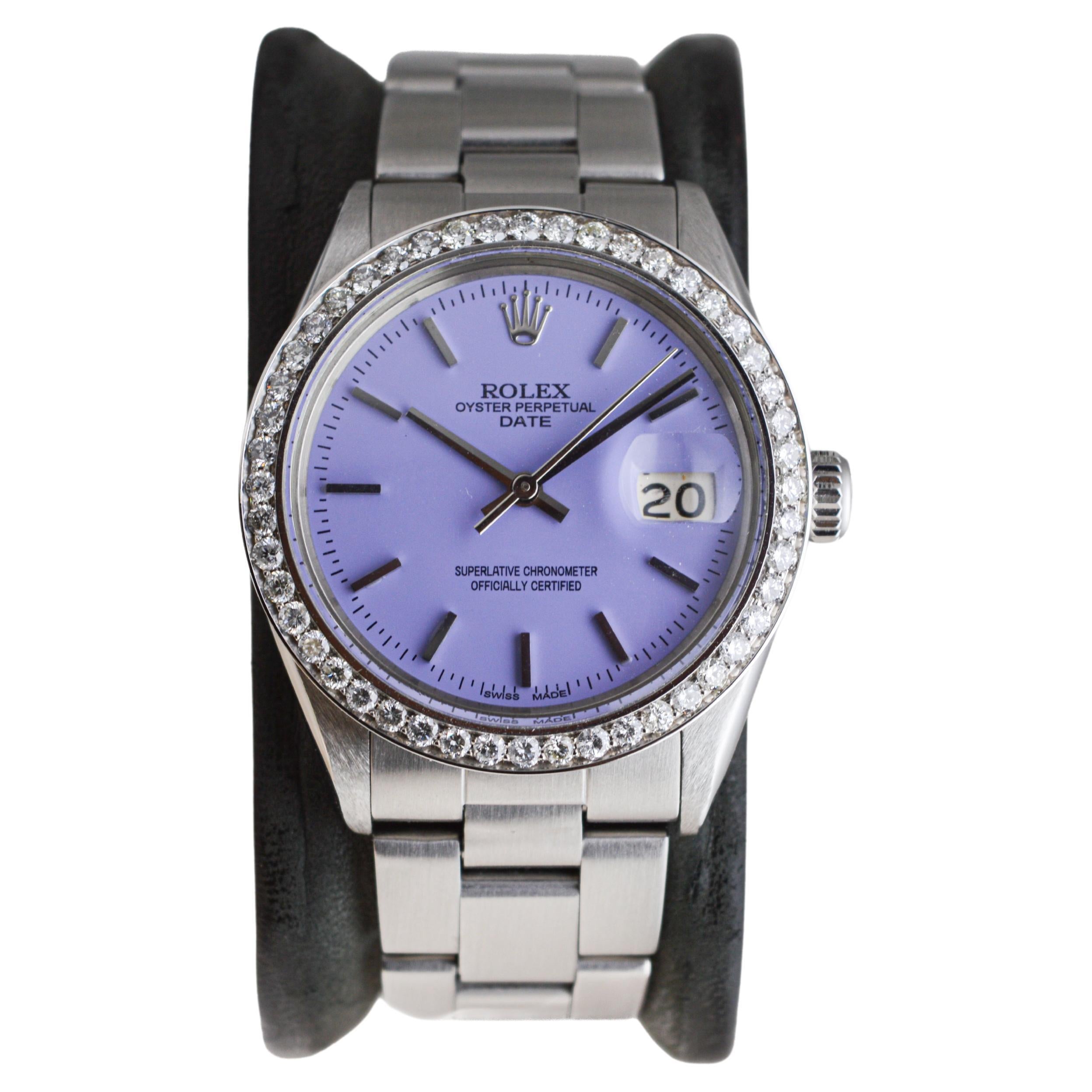 Rolex Oyster Perpetual Date avec lunette en diamant et cadran violet personnalisé, années 1960 en vente