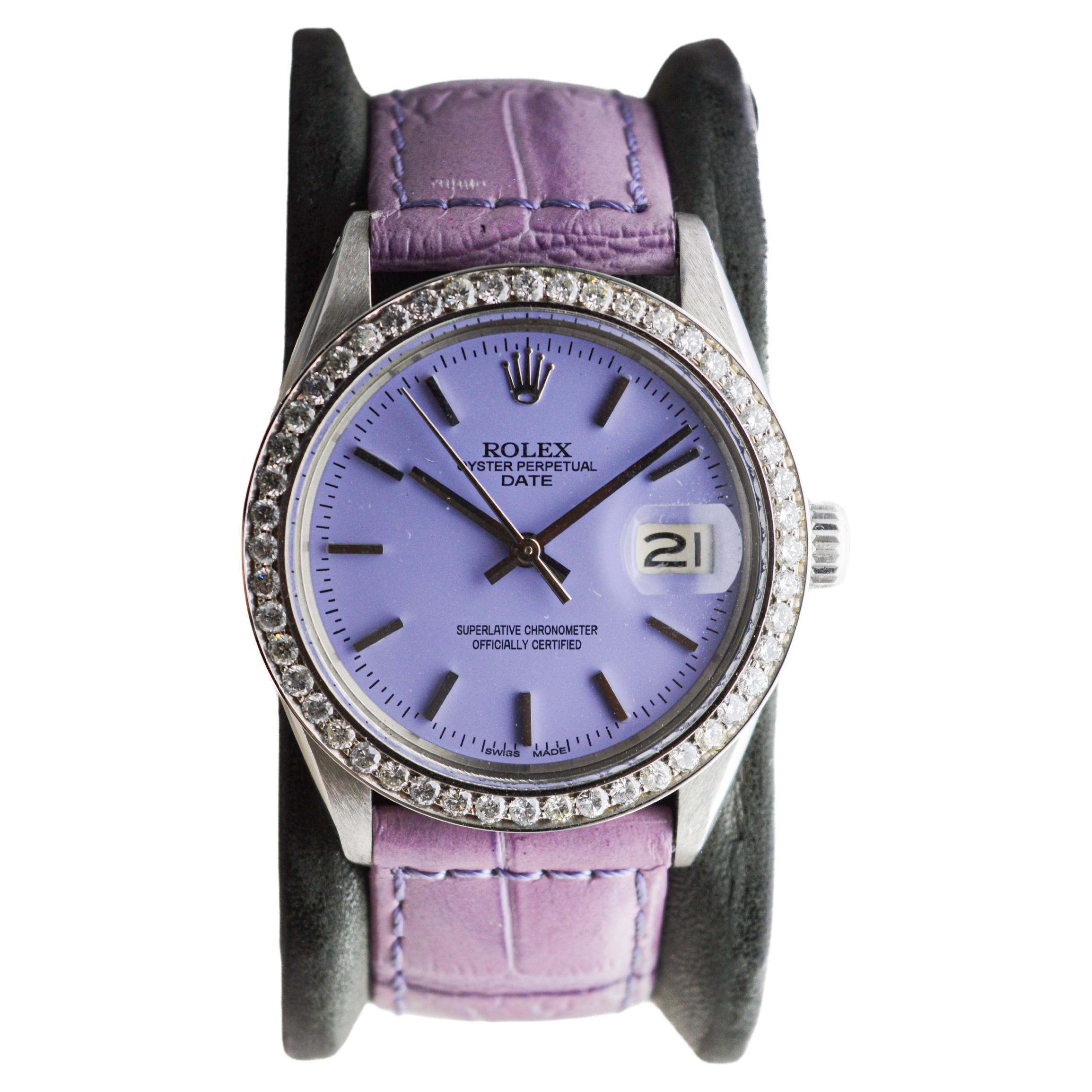 Rolex Oyster Perpetual Date avec lunette en diamant et cadran violet personnalisé, années 1960 en vente