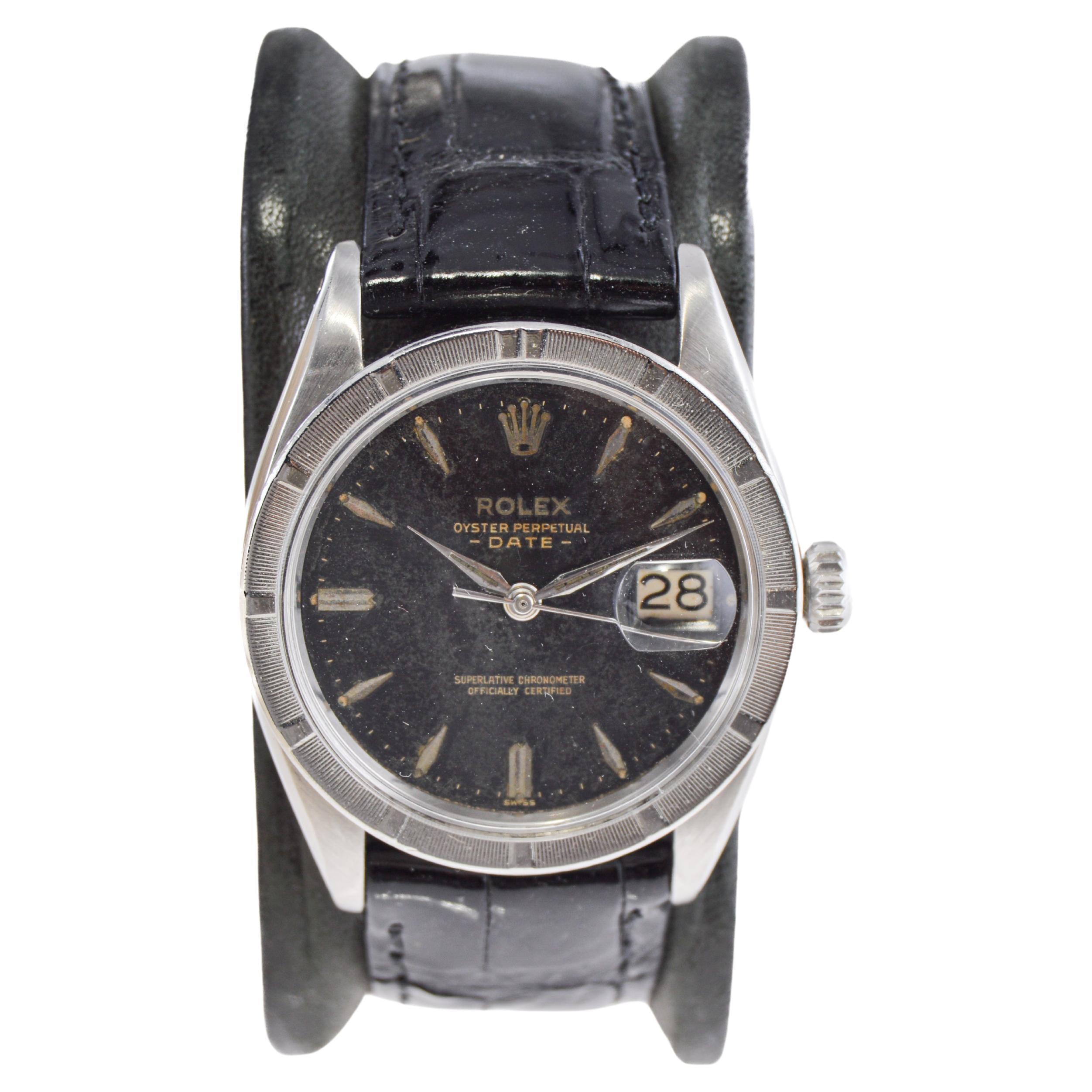 FACTORY / HOUSE: Rolex Watch Company
STYLE / REFERENCE: Oyster Perpetual Date / Reference 1501
METAL / MATERIAL: Stainless Steel
CIRCA / YEAR: 1960
DIMENSIONS / SIZE: 40mm Length X 35mm Diameter
MOVEMENT / CALIBER: Perpetual Winding / 26 Jewels /