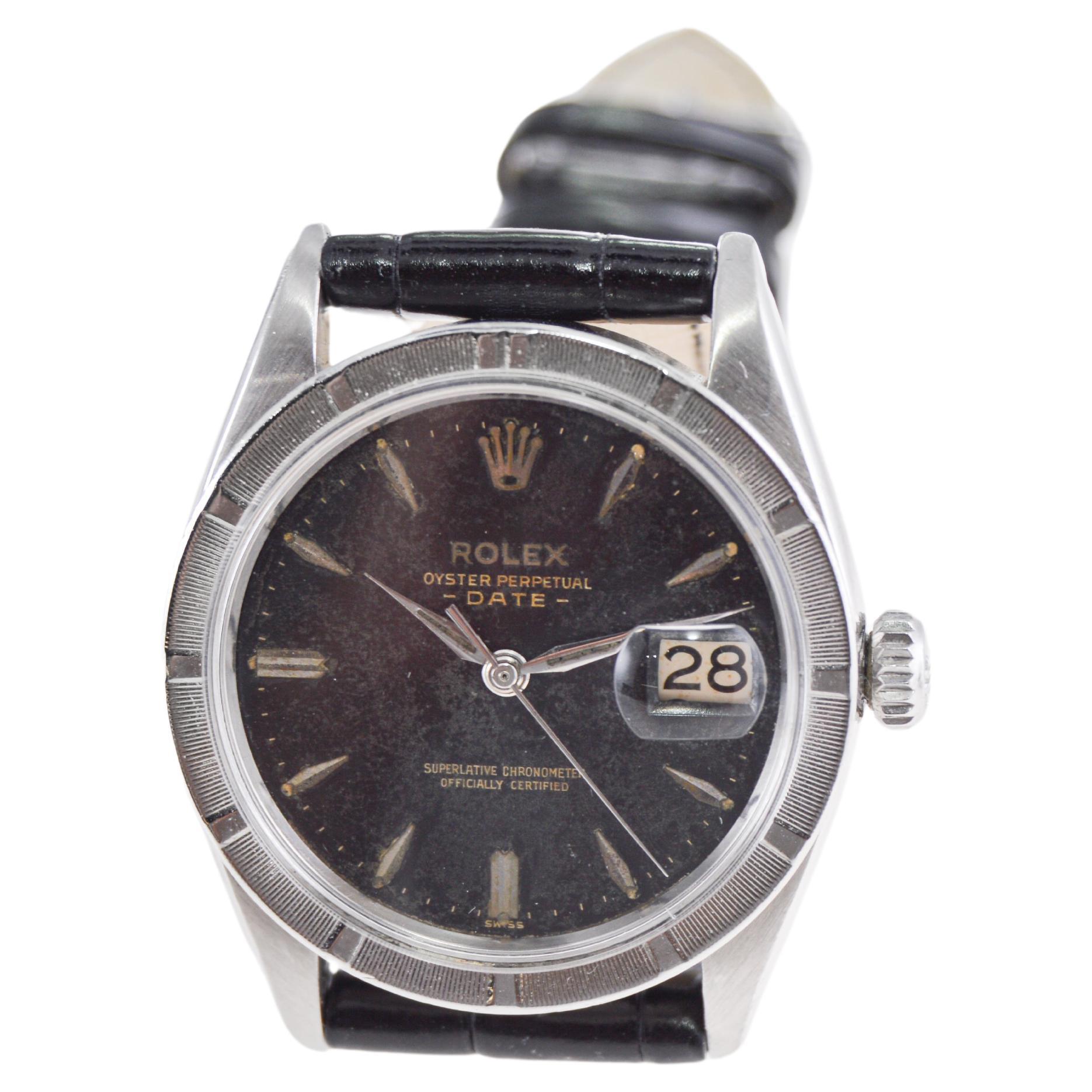 Rolex Oyster Perpetual Date With Rare Engine Turned Bezel and Black Dial 1960's For Sale 1