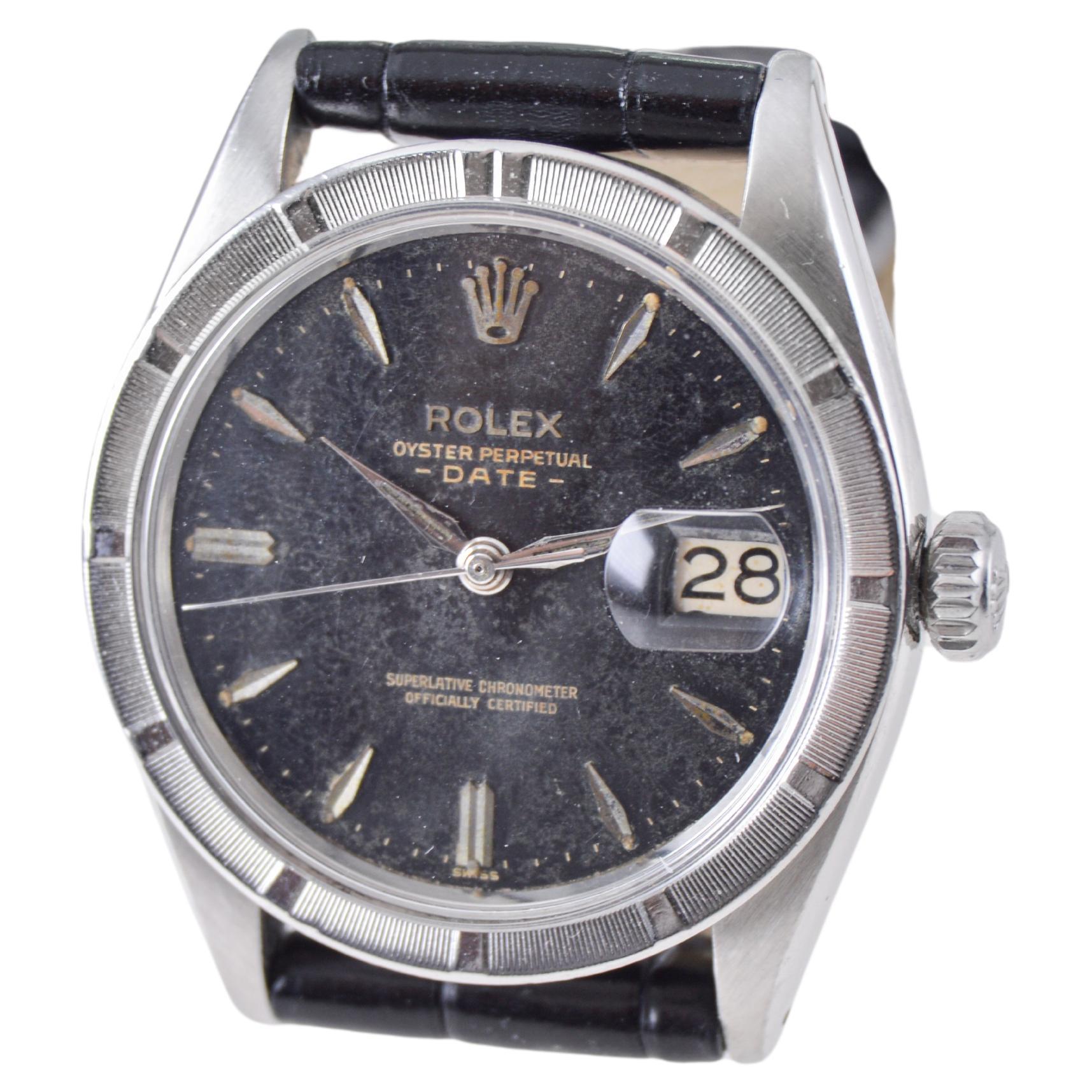 Rolex Oyster Perpetual Date With Rare Engine Turned Bezel and Black Dial 1960's For Sale 2