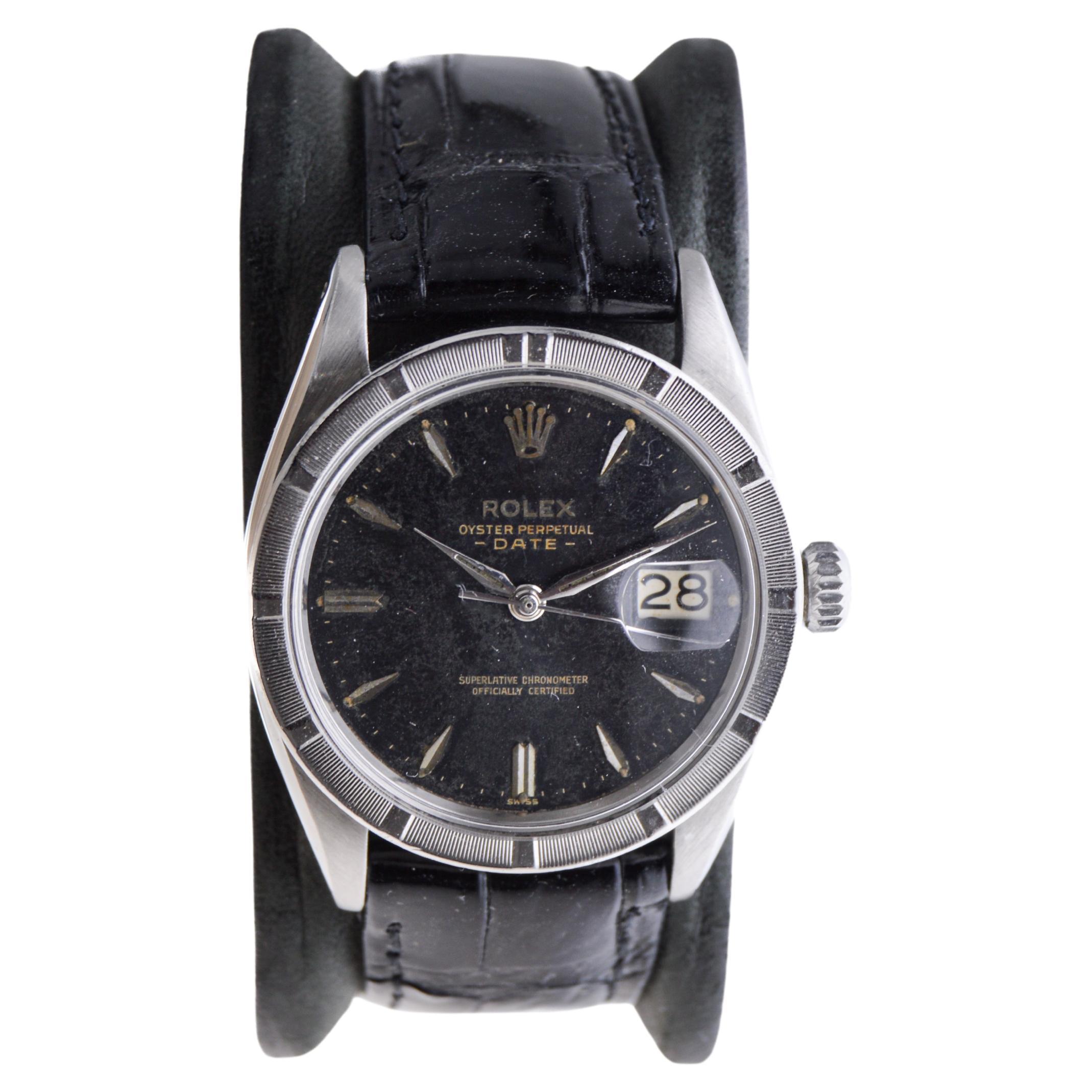 Rolex Oyster Perpetual Date With Rare Engine Turned Bezel and Black Dial 1960's For Sale