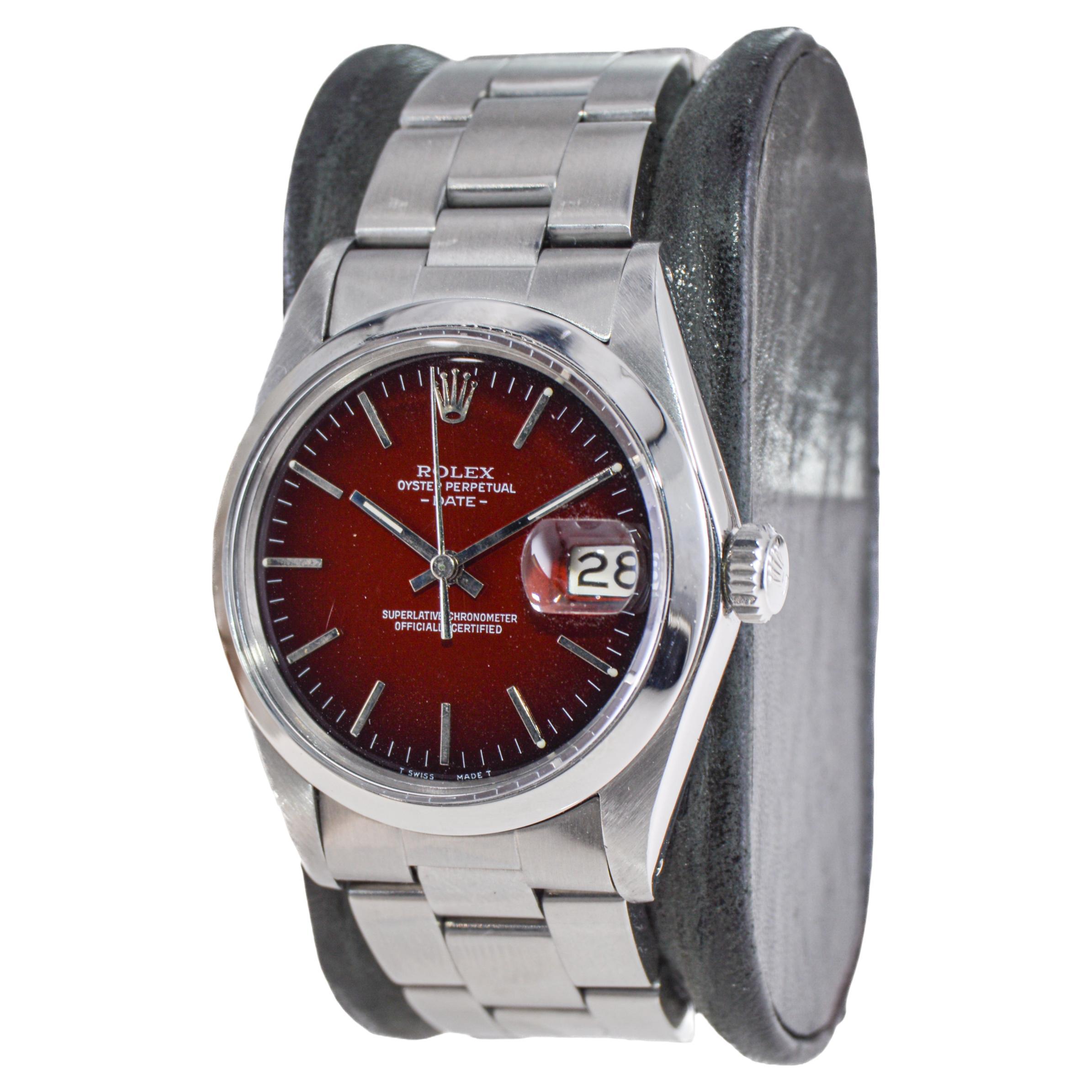 Women's or Men's Rolex Oyster Perpetual Date with Rare, Original Shaded Sunburst Red Dial 1970's For Sale