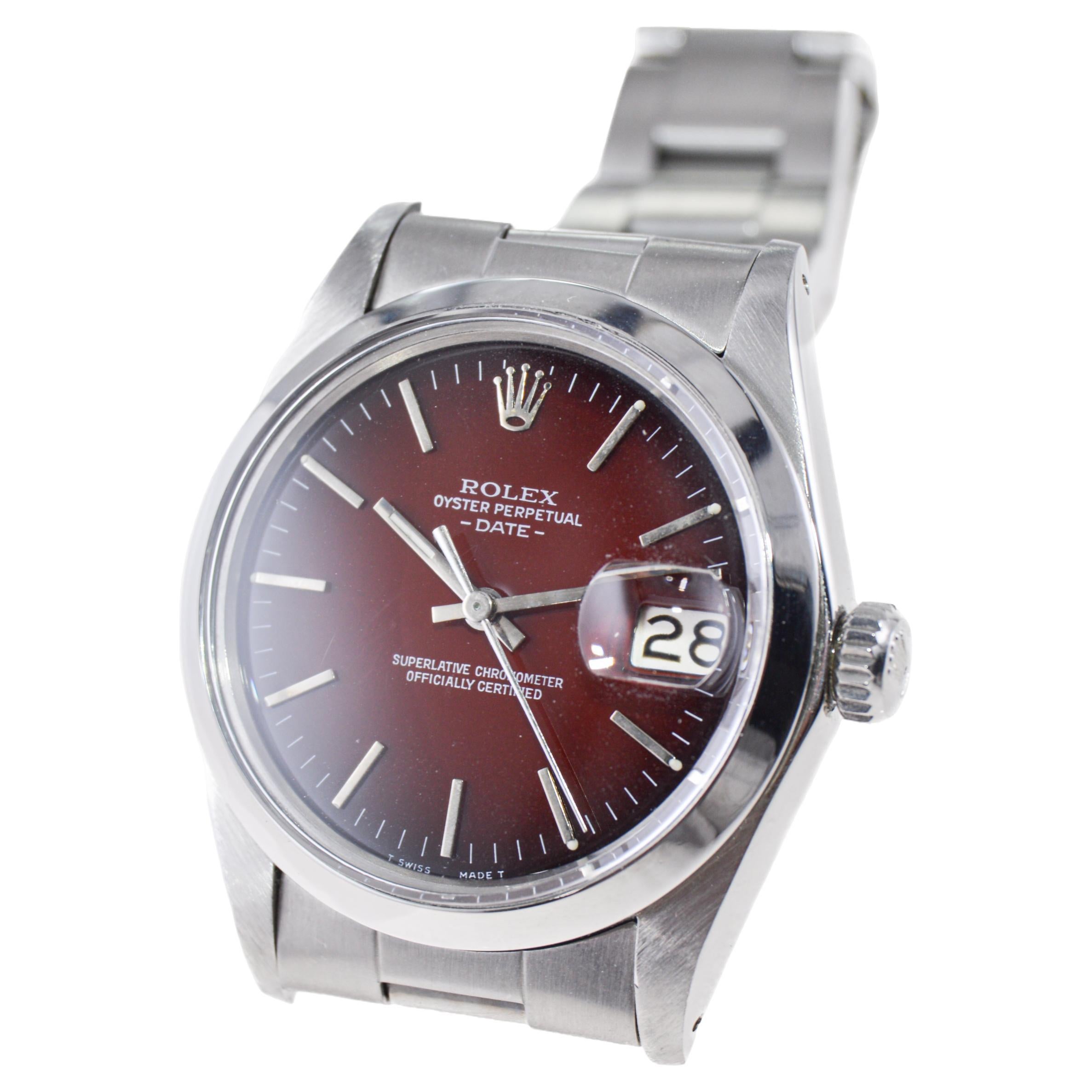 Rolex Oyster Perpetual Date with Rare, Original Shaded Sunburst Red Dial 1970's For Sale 2