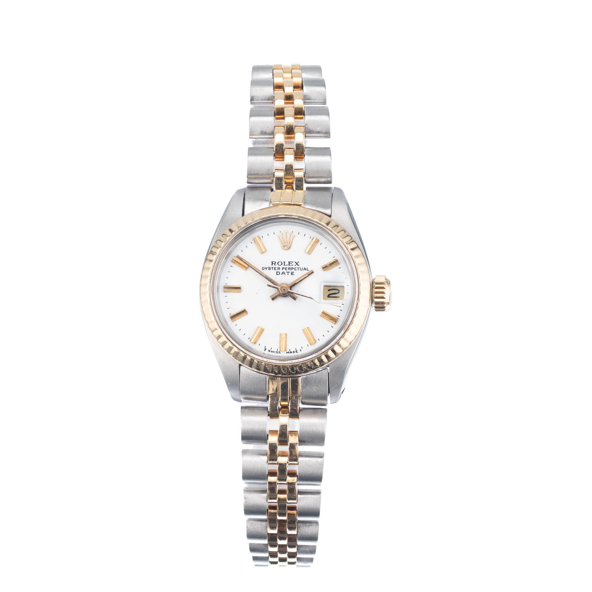 Ladies Rolex two-tone date 6917 with jubilee bracelet in 18k yellow gold and steel white dial wristwatch  Circa 1978 

Length: 32mm
Width: 26mm
Case thickness: 11.26mm
Band: two tone jubilee
Crystal: sapphire
Dial: white 
Inside case: 6900
Other: