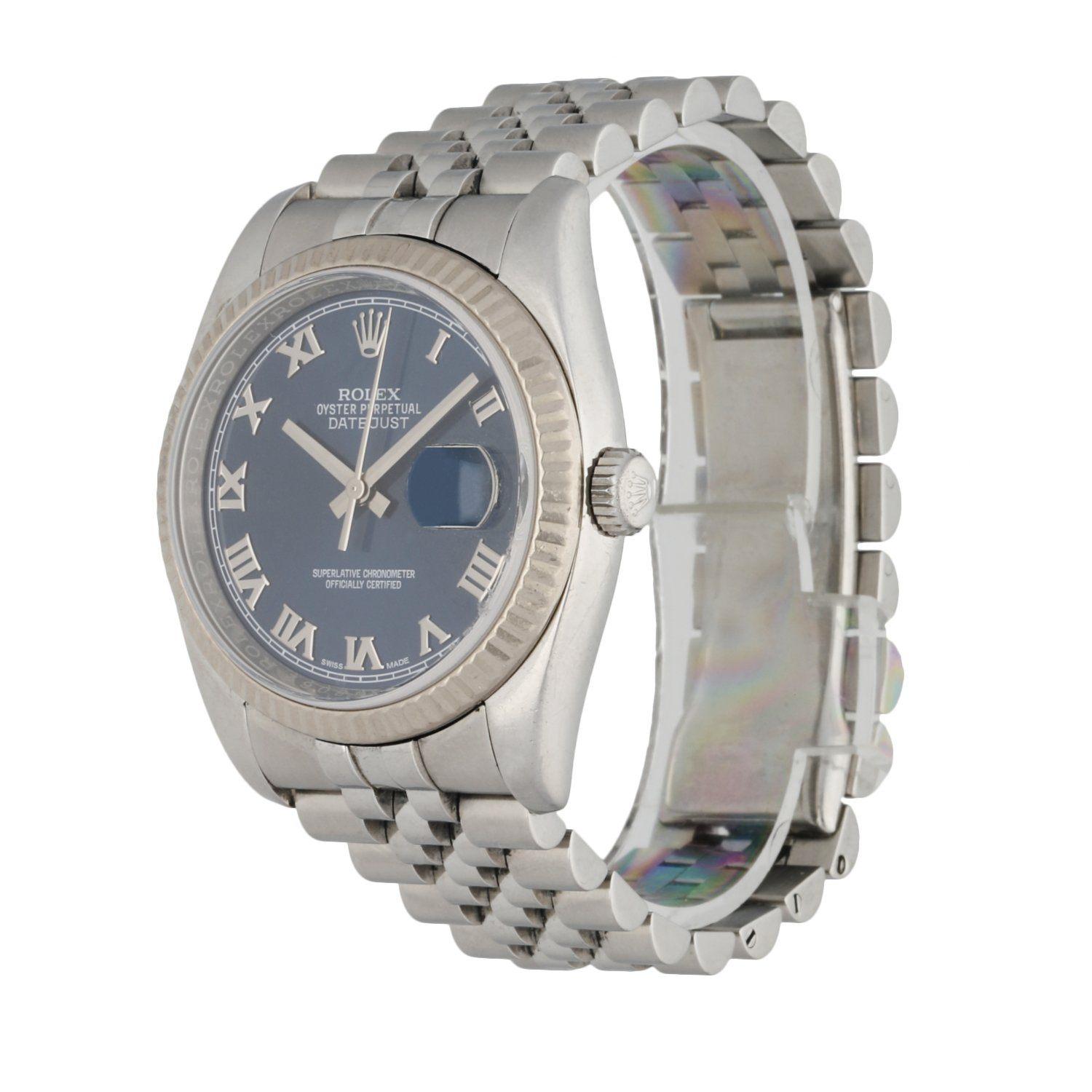 Rolex Oyster Perpetual Datejust 116234 men's watch. 36mm stainless steel case. 18K white gold fluted bezel. Blue dial with steel hands and steel Roman numeral hour markers. Minute marker around the outer dial. Quickset date display at 3 o'clock