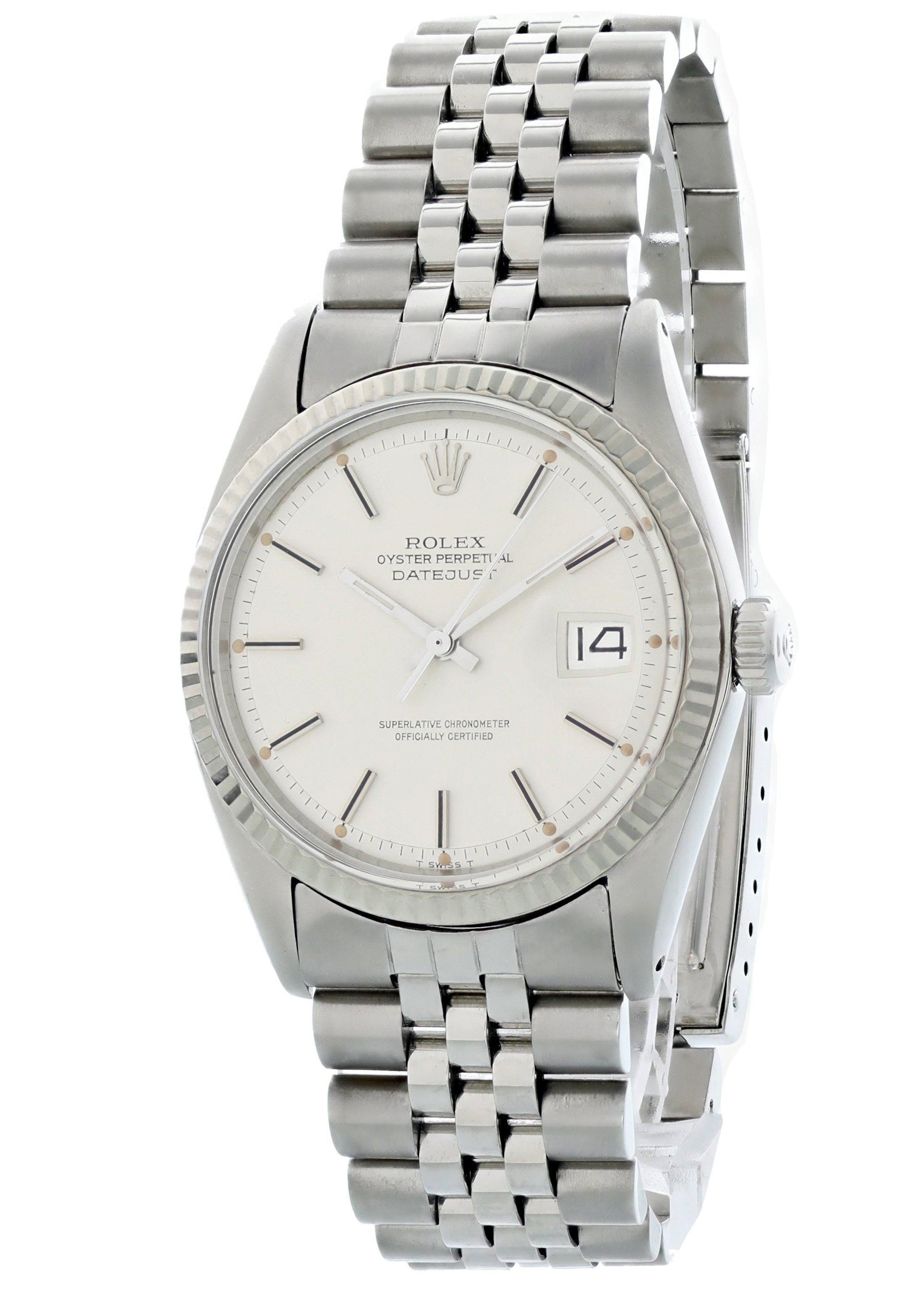 Rolex Oyster Perpetual Datejust 1601 Mens Watch. 36mm stainless steel case with an 18K white gold fluted bezel. Silver dial with steel hands and index hour markers. Minute markers around the outer dial. Date display at the 3 o'clock position.