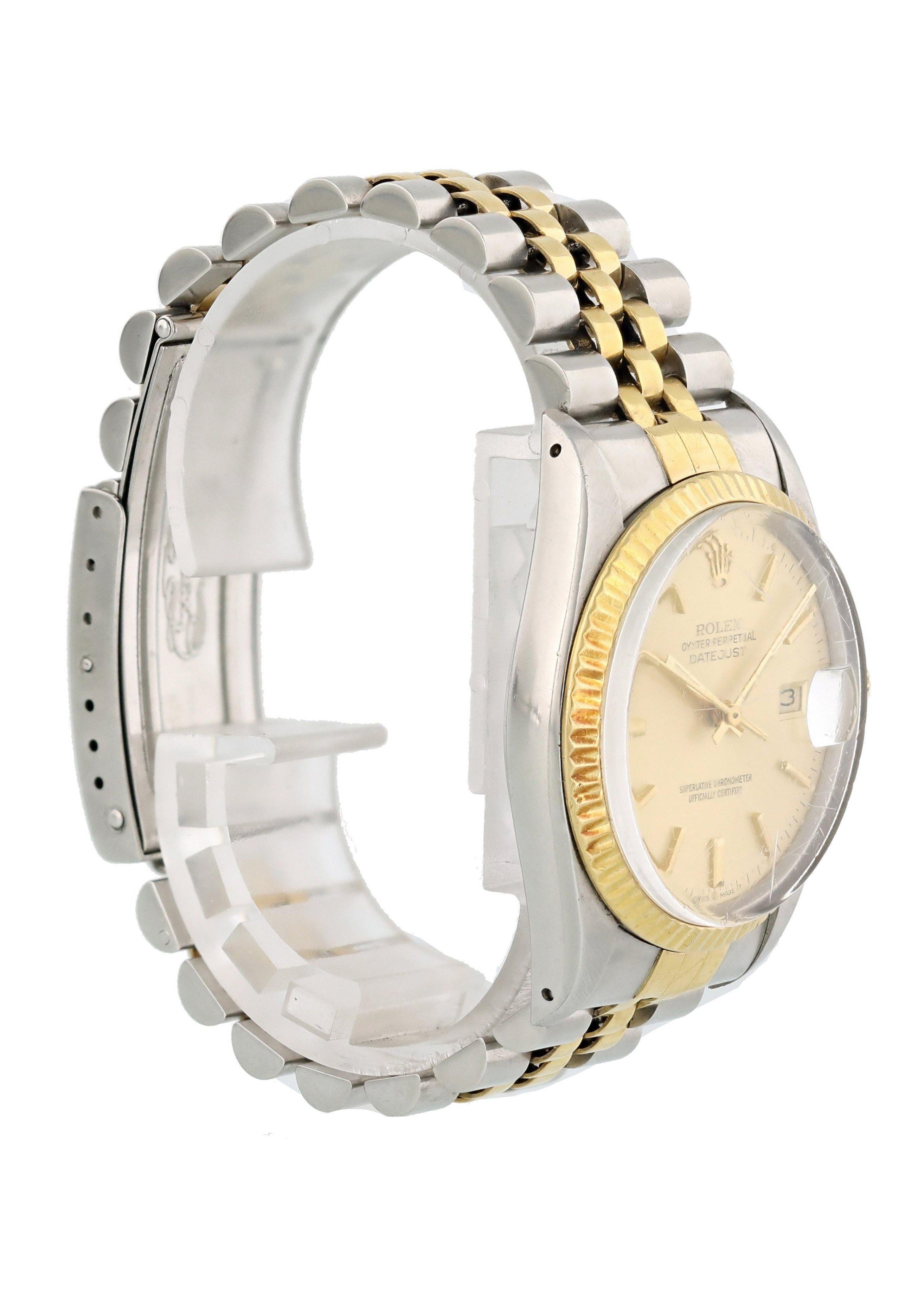 Rolex Oyster Perpetual Datejust 16013 Mens Watch. Stainless steel 36mm case. 18k yellow gold fluted bezel. Champagne dial with gold hands and stick index markers. Date display at the 3 o'clock position. 18k yellow gold and stainless steel bracelet