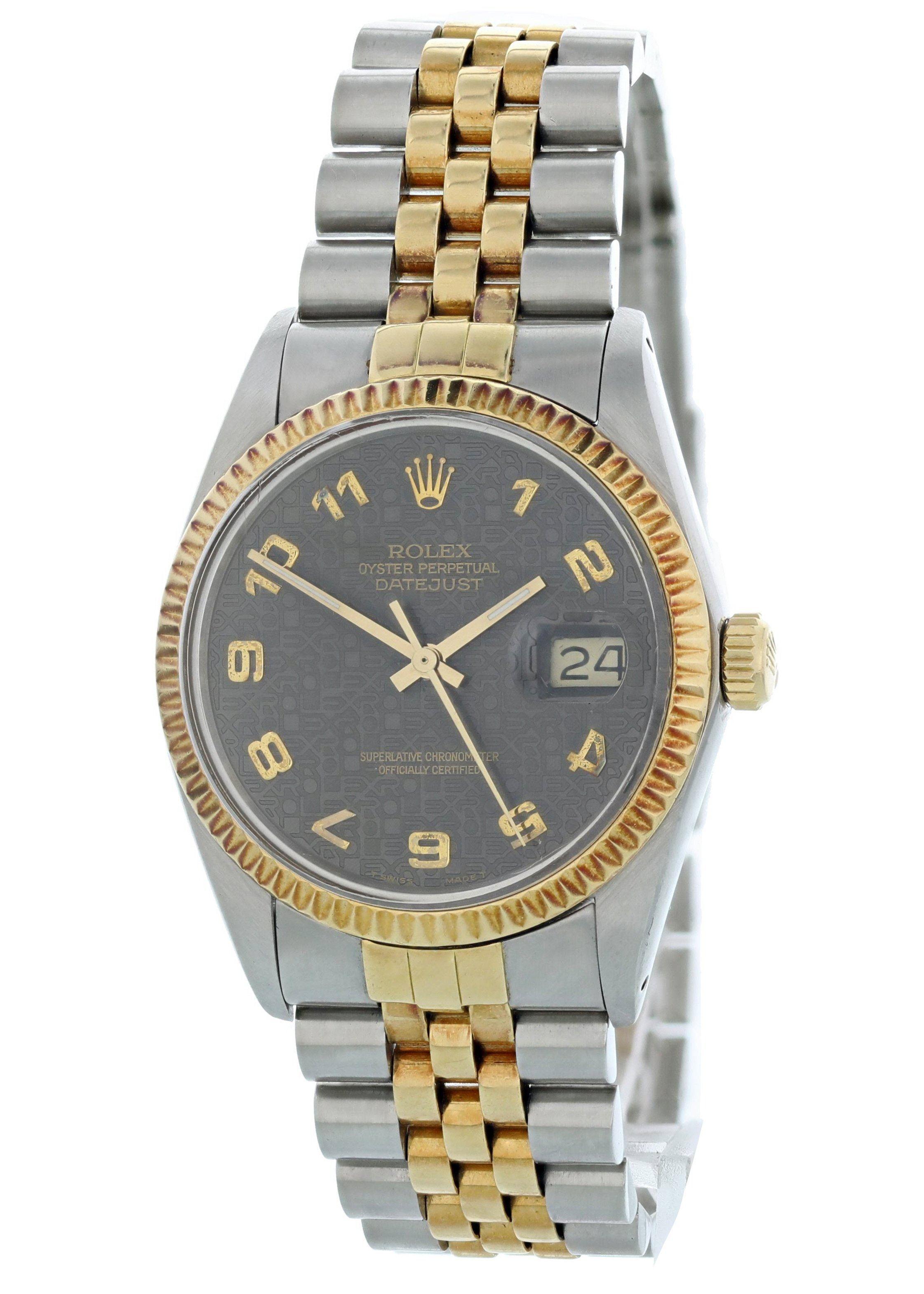 Rolex Oyster Perpetual Datejust 16013 Mens Watch. Stainless steel 36mm case. 18k yellow gold fluted bezel. Grey Rolex design dial with gold hands and Arabic numeral hour markers. Date display at the 3 o'clock position. 18k yellow gold and stainless
