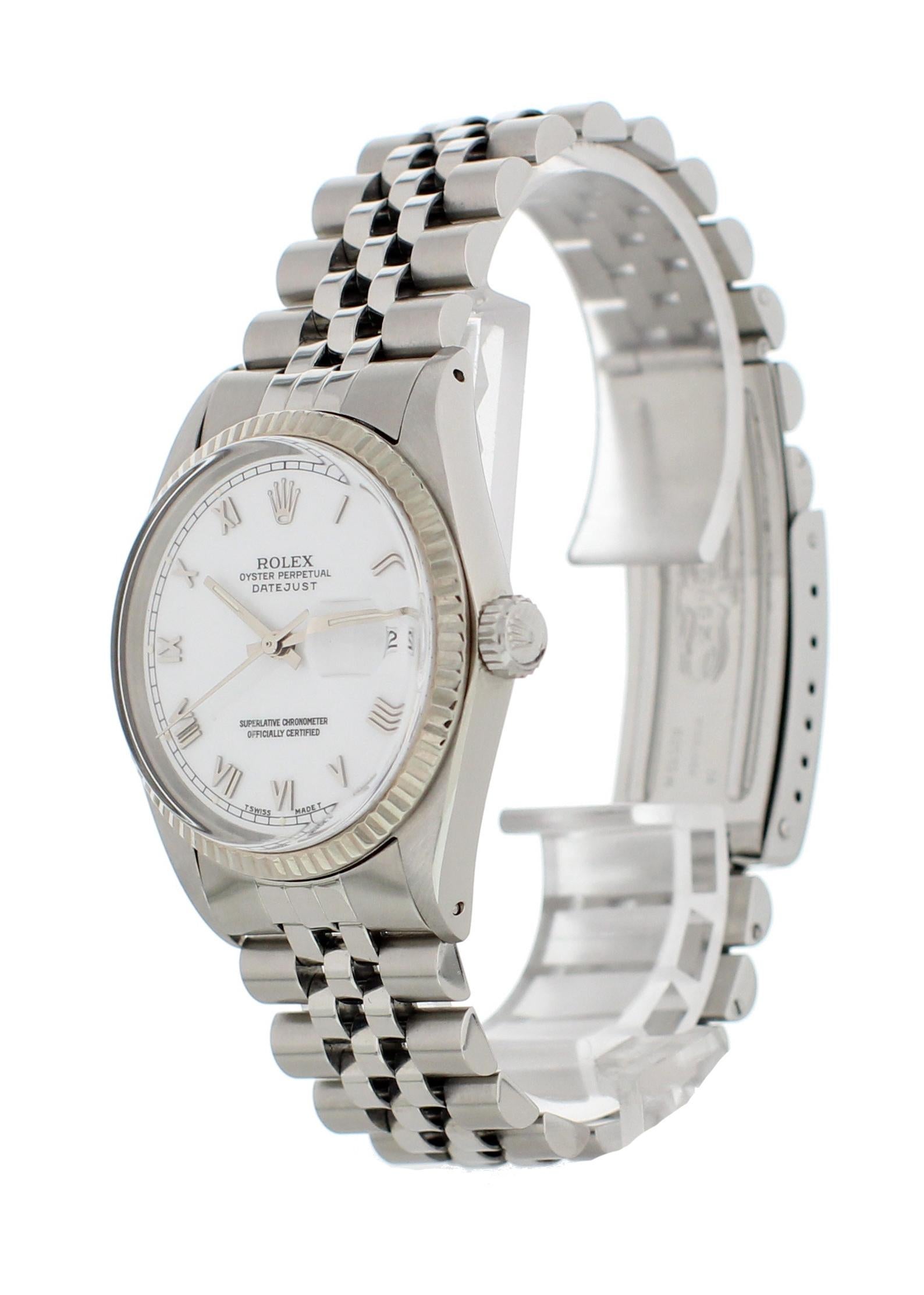 Rolex Oyster Perpetual Datejust 16014 Men's Watch. Stainless steel 36mm case. 18k white gold bezel. White dial with steel hands and Roman numeral markers. Date aperture with quickset function. Stainless steel jubilee band with fold over clasp. Will
