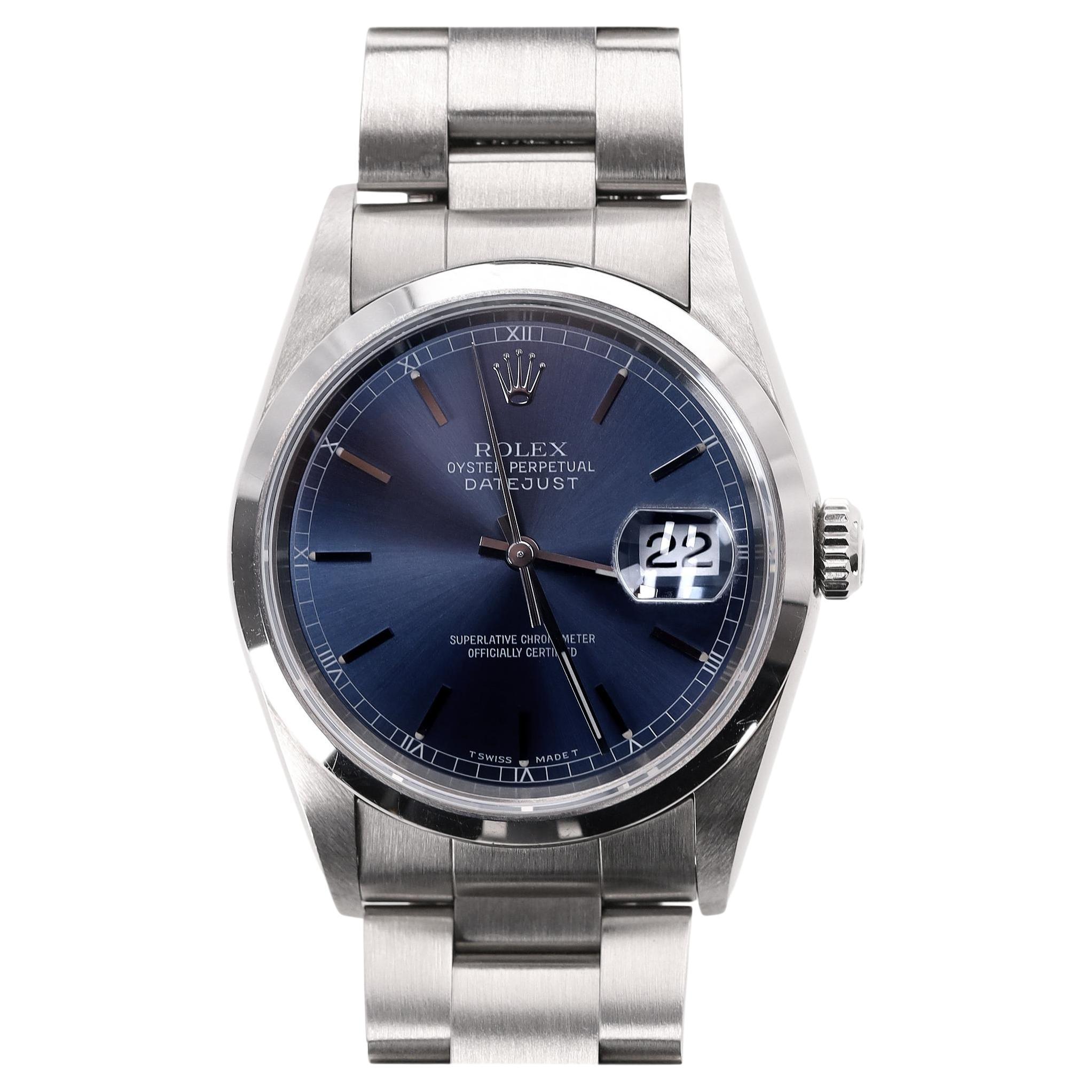 Reloj Rolex Oyster Perpetual Datejust 16200 de acero inoxidable con esfera azul en venta