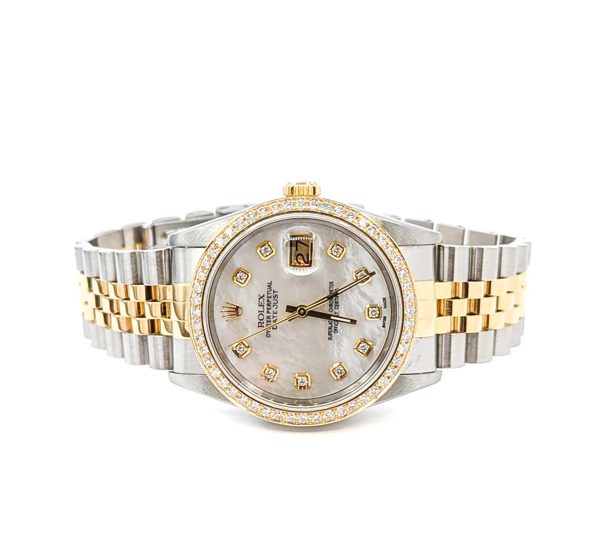 Rolex Oyster Perpetual Datejust 16233 (1994) - Acciaio inossidabile e oro giallo 18 carati con quadrante e lunetta di diamanti madreperlati aftermarket

Questo straordinario Rolex Oyster Perpetual Datejust del 1994, referenza 16233, esemplifica il
