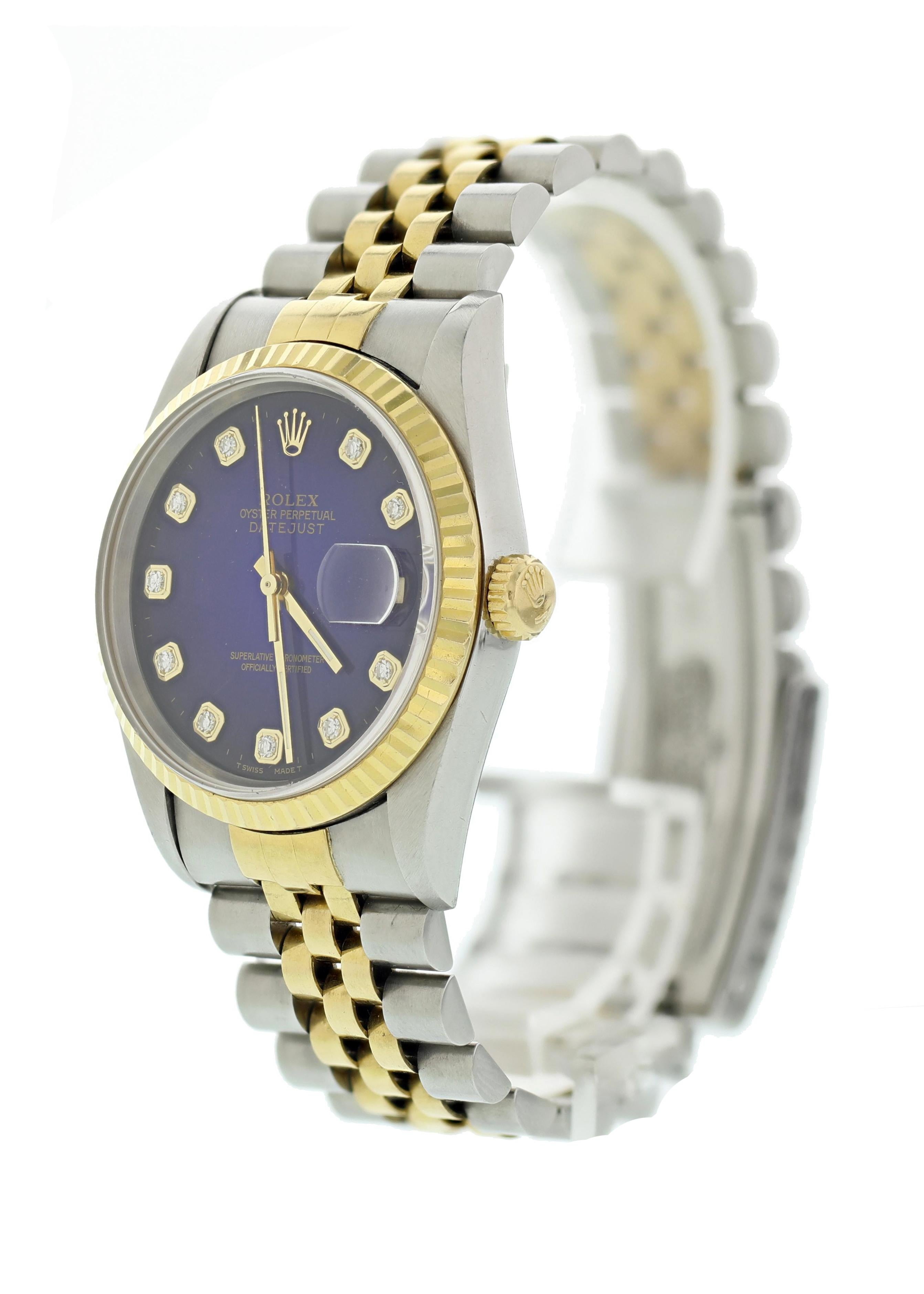 Rolex Oyster Perpetual Datejust 16233 Diamond Dial Men's Watch. 36mm case with an 18K yellow gold fluted bezel. Factory Blue dial with factory placed diamond markers. Quickset date function. 18K yellow gold and stainless steel Jubilee band with a